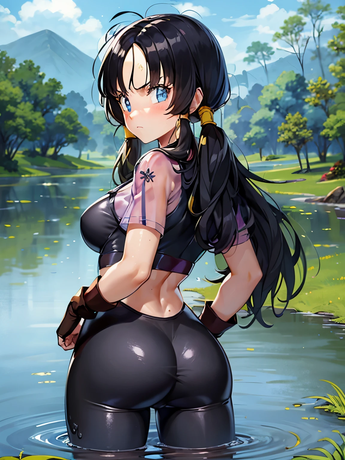 masterpiece, highest quality, High resolution, girl,saw 2, blue eyes, black hair, Low twintails and short cut, medium breasts, frown,blush, girl1名,  Black tight suit,streak,place both hands on hips, looking at the viewer。black quagmire,Wandering in the swamp,the sky is cloudy,The water surface is black and murky,facing backwards