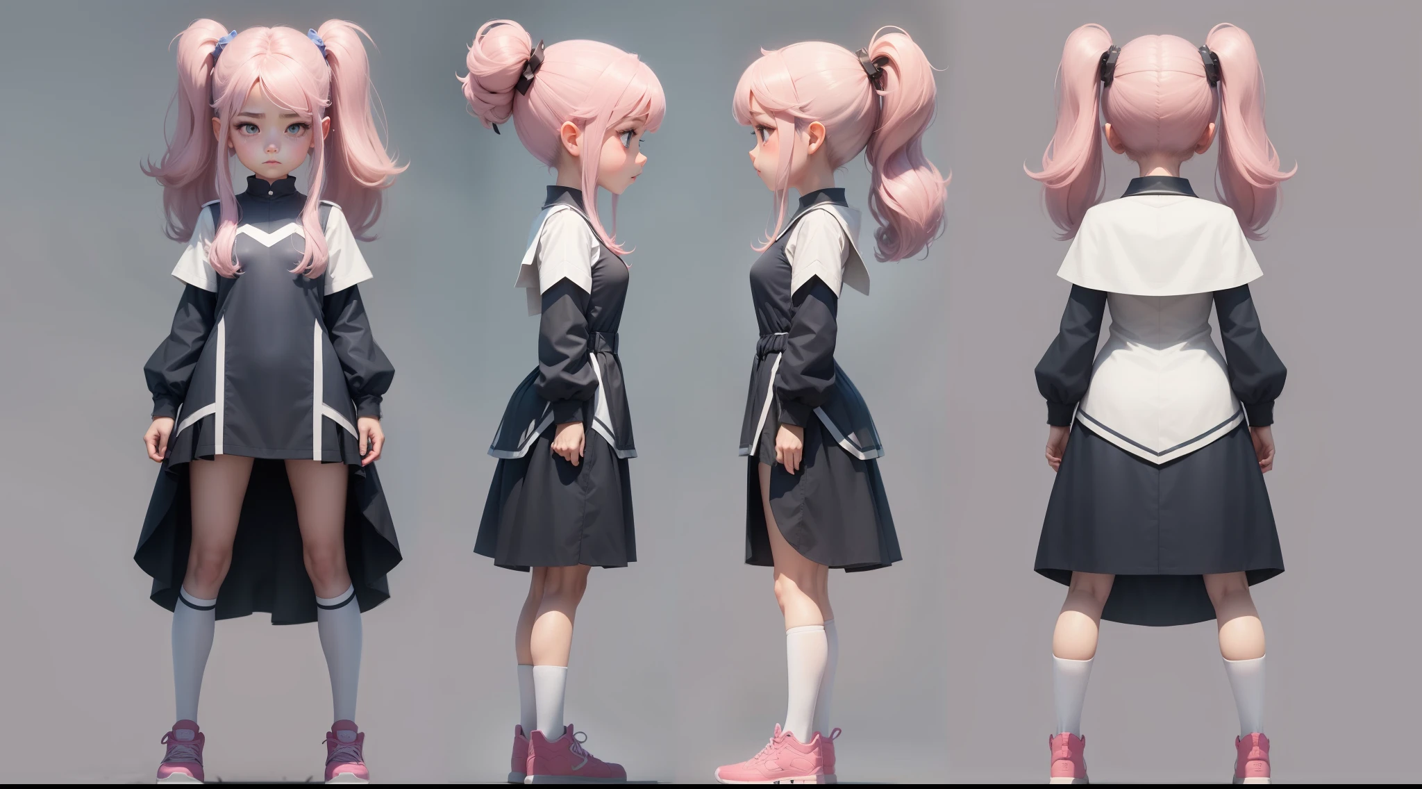 cartoon,10 year old female character,Generate three views,Front view、side view and rear view,Maintain consistency and uniformity