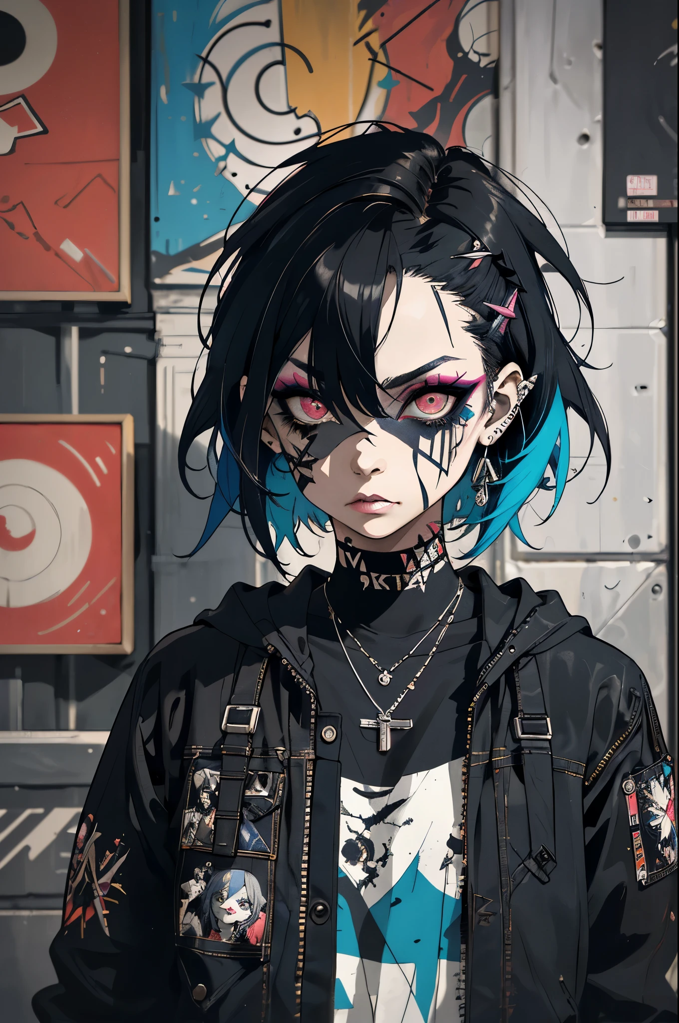 (masterpiece: 1.2, best quality), (real picture, intricate details), (1 lady, alone, Upper body, big )
clothing: sharp, fashionable的, cool, fashionable, Non-standard, avant-garde, experimental appearance: shaved head or bold hair color, gorgeous makeup, Unconventional fashion choices, rock star behavior: rebellious, non-conformist, provocative venue: urban art district, underground music scene hobby: Attend a punk show, Create art with mixed media, Experiment with different subcultural values: personality, authenticity, Source of inspiration for creative expression: punk rock, counterculture icons, avant-garde art movements
Character traits: bold, Bold, Non-standard.
