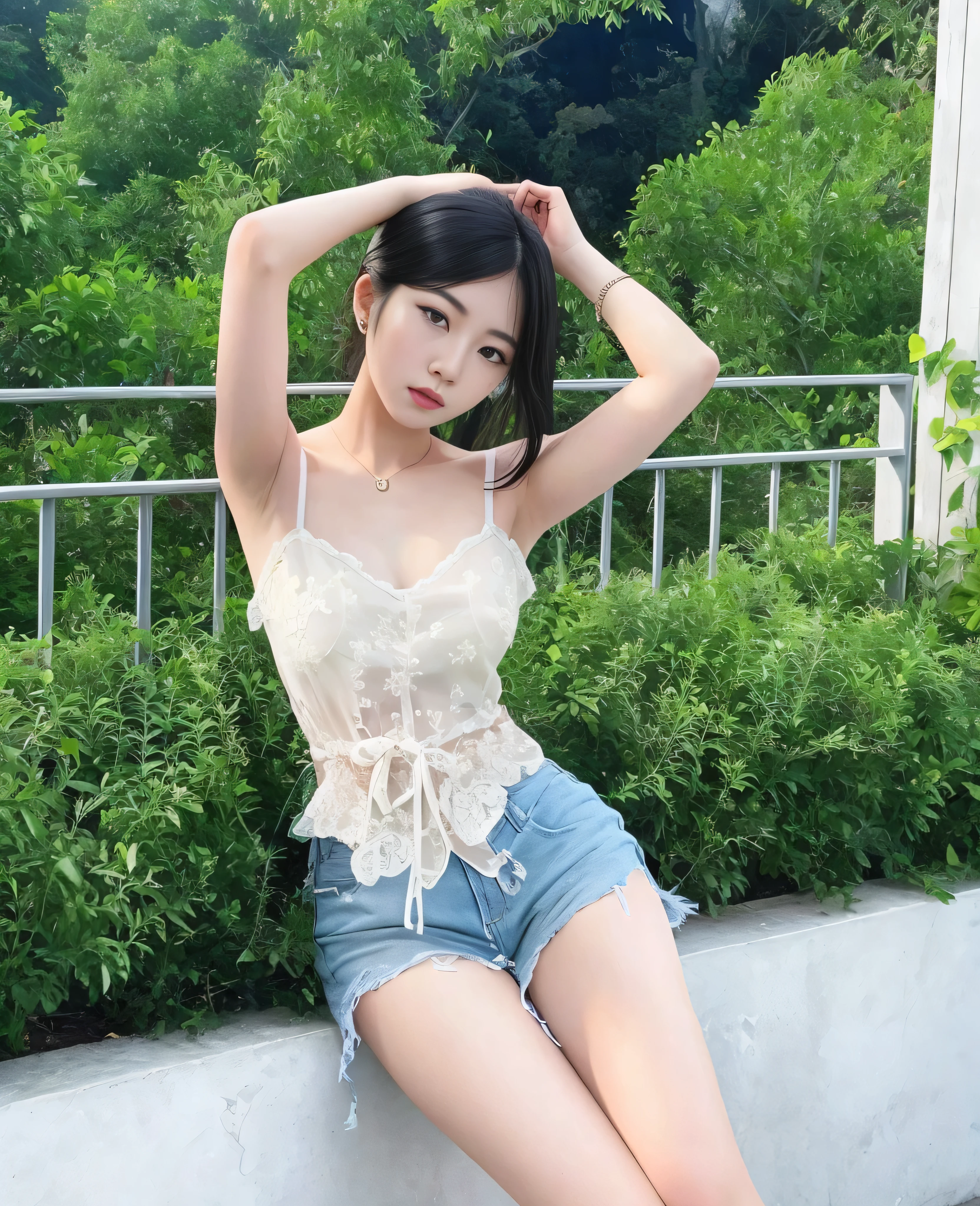 Kim Ji-ni Jennie face, wearing an Indian silk scarf bandeau, open waist, cleavage, lace-up jeans shorts, sexy, cute, white socks, white wall, strong contrast, sun on the face,