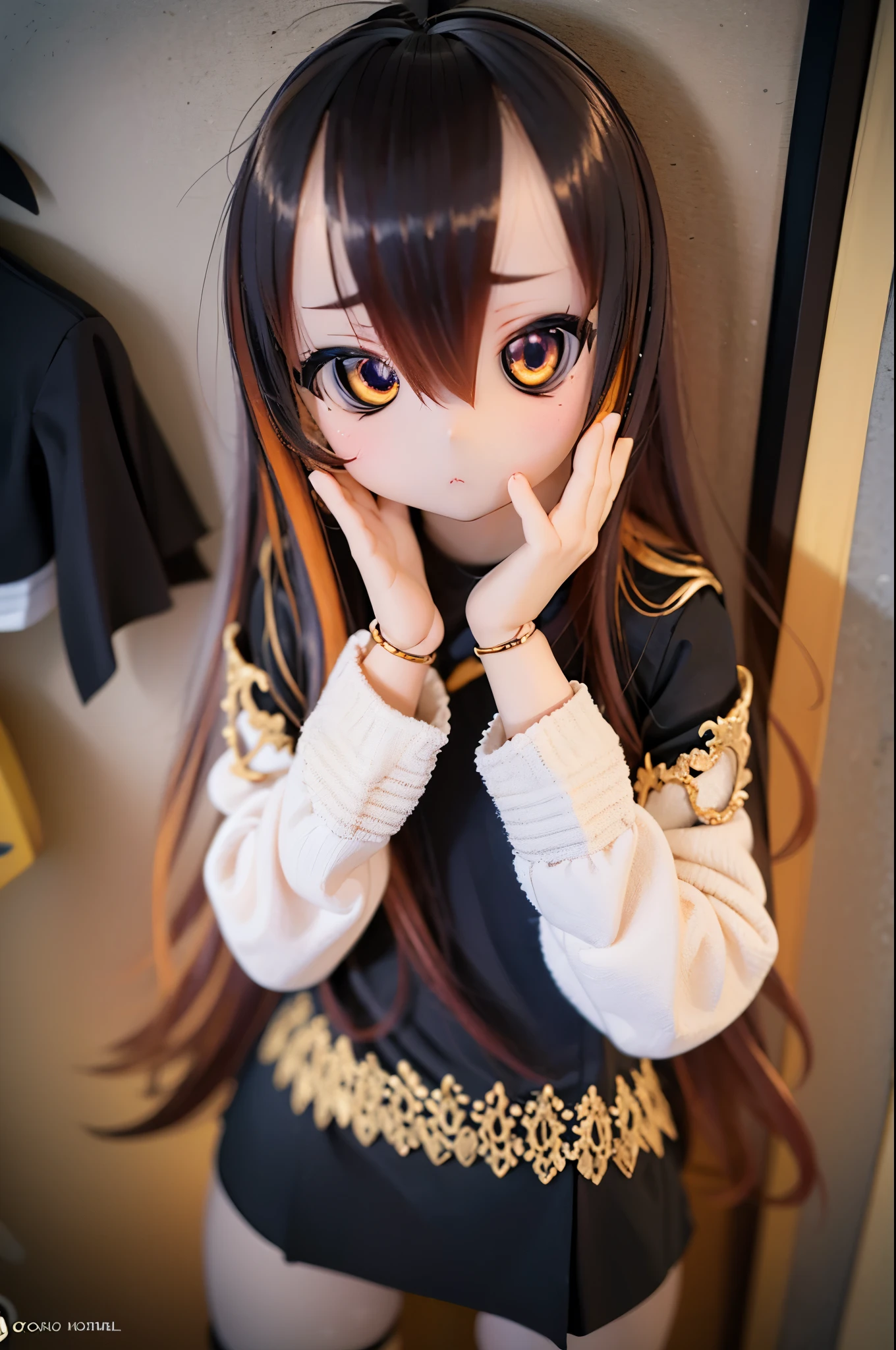 (Photo:1.3), realistic, dollfiedream, blackhole-chan, colored sclera, black dress, standing, looking at viewer, joints, doll jointasterpiece, best quality, absurdres, detailed, ultra-detailed:1.3)
