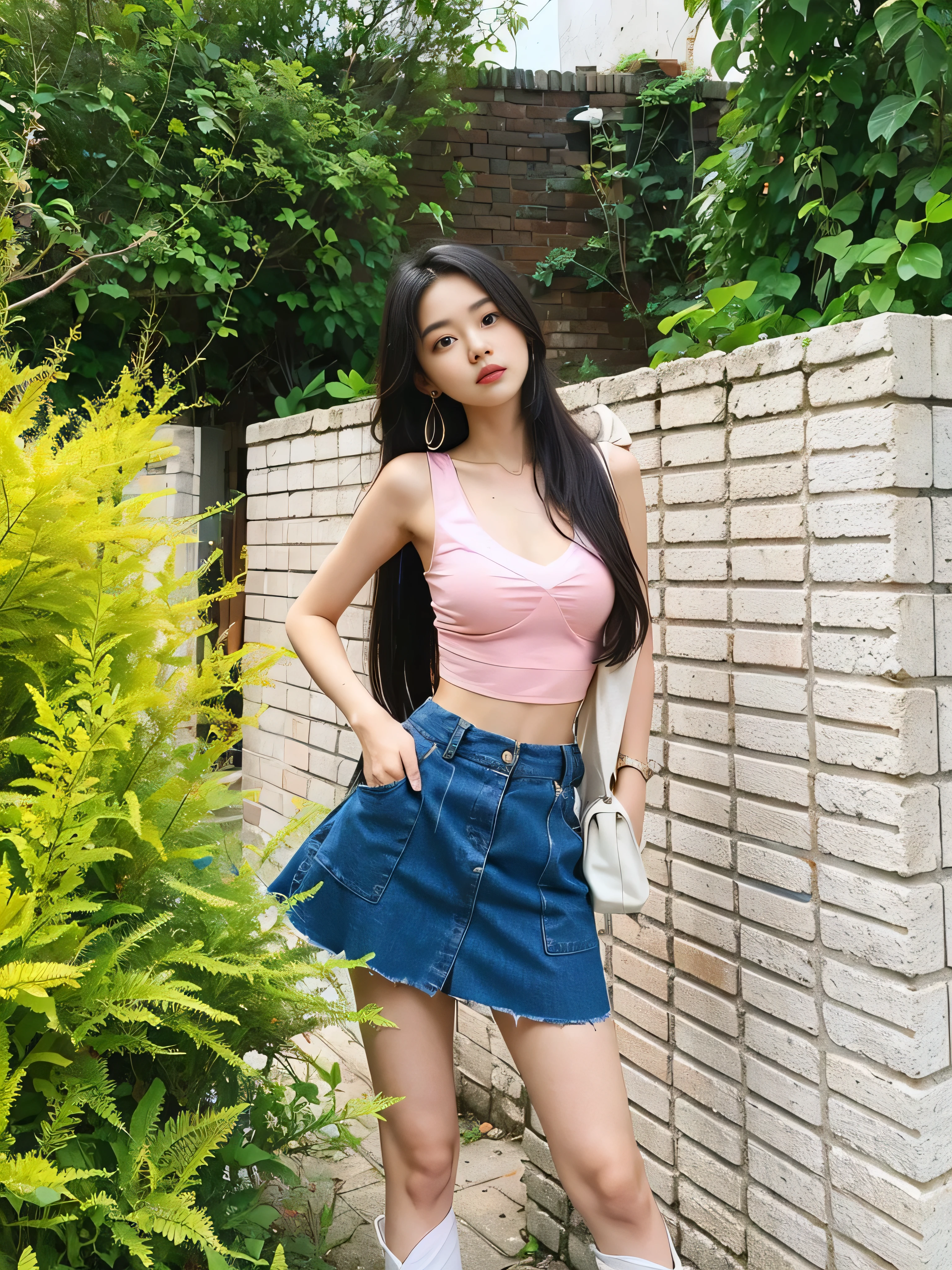 Asian woman wearing pink top and blue skirt posing for photo, Wear a crop top and miniskirt, Wearing a sexy crop top, Wear a crop tops, wearing a tanktop and skirt, Wear a crop top, Photo of slim girl model, Wear a crop top, She is about , Full body cute young lady, Cindy Avellino