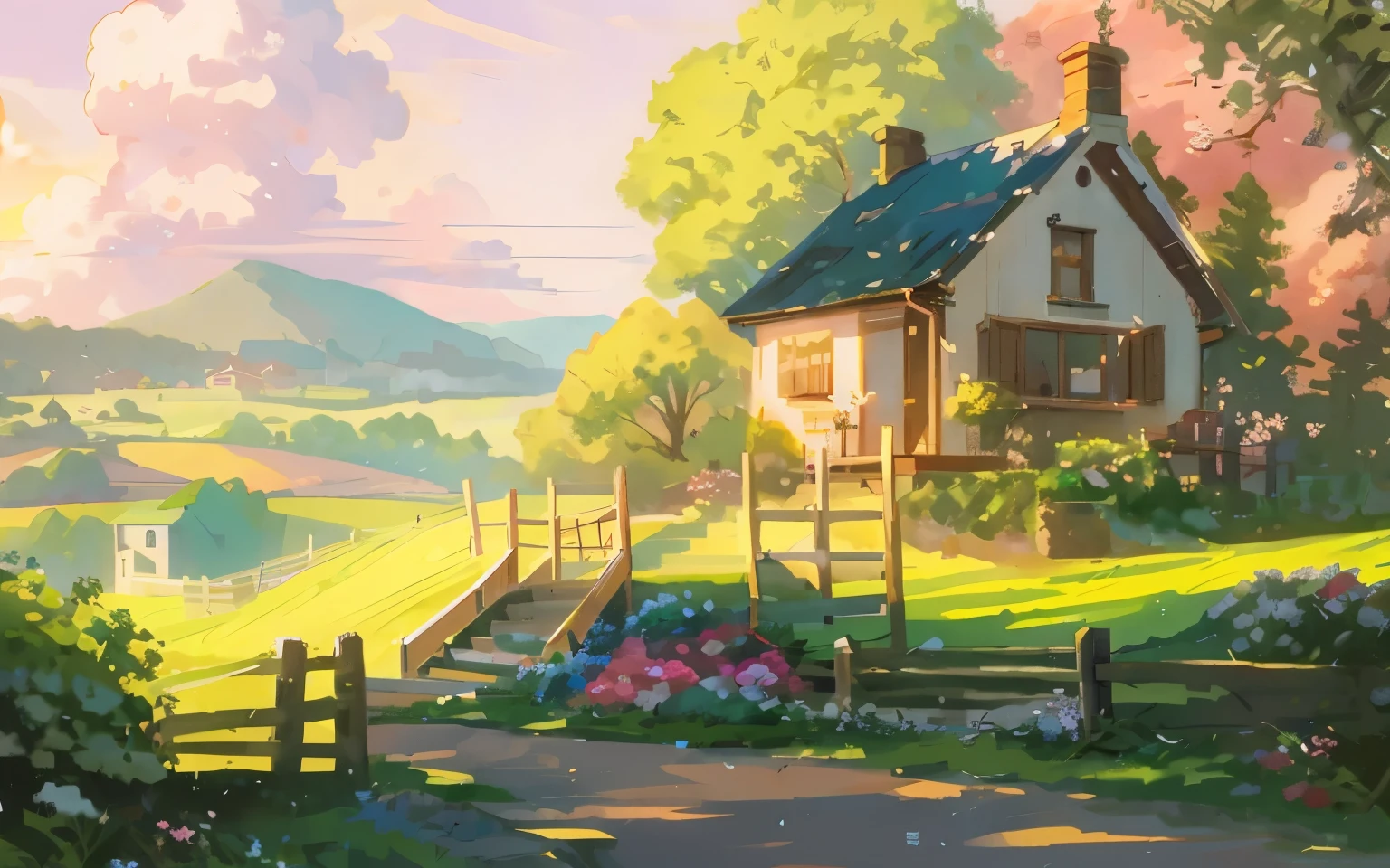 Painting of a country house with a fence and flowers, anime countryside scenery, anime background art, background art, anime scenery concept art, anime scenery, anime scenery, house background, anime background, Drawn at Anime Painter Studio, landscape artwork, background artwork, peaceful cottage, detailed painting 4k, cottage core, Los Tran. scenic background、Sakura Fubuki、Soft light shines in、Ghibli