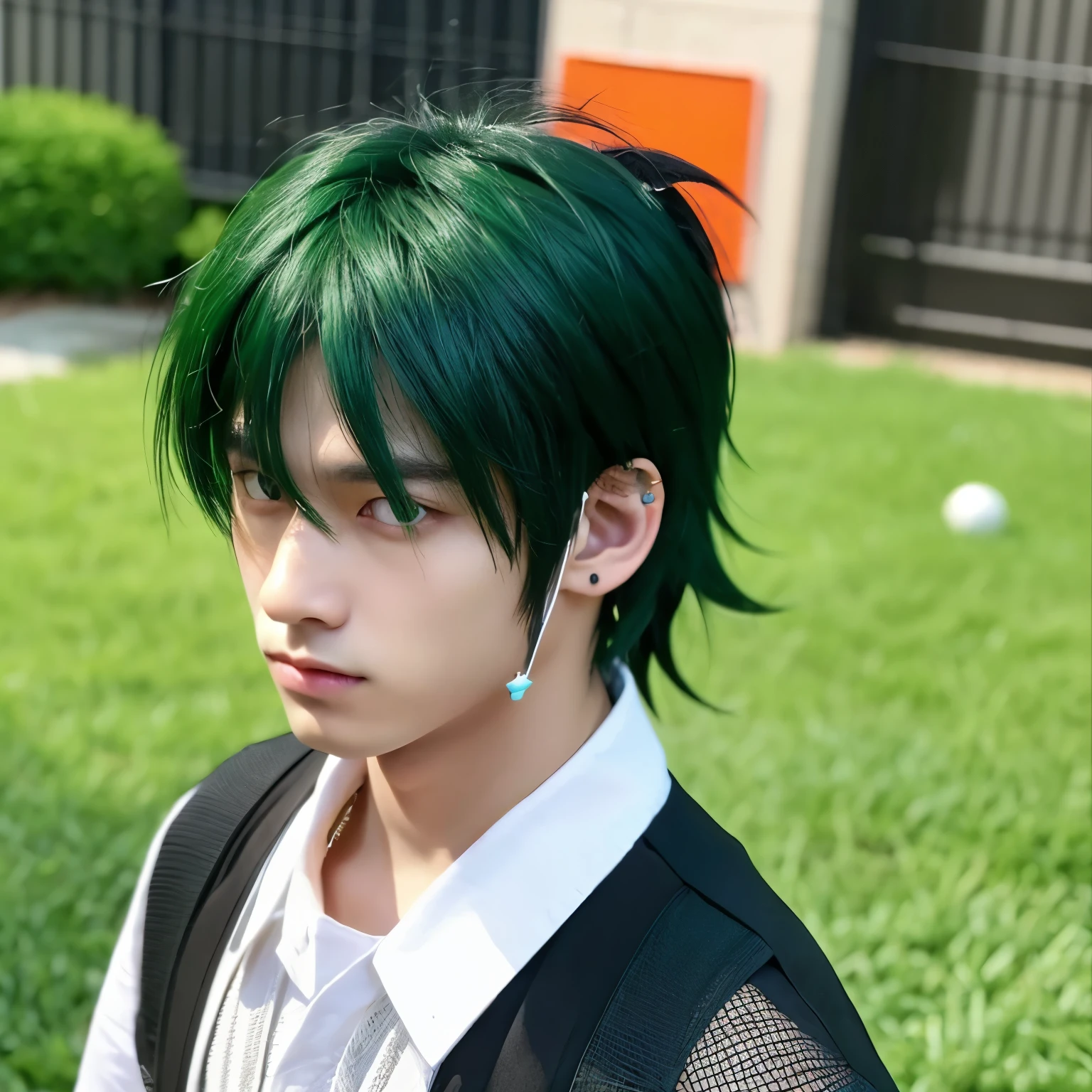 2D、Handsome guy、cool、black hair green mesh、Odd eyes of dark green and light orange、cool、Wolf ears、one ear piercing、wolf tail、