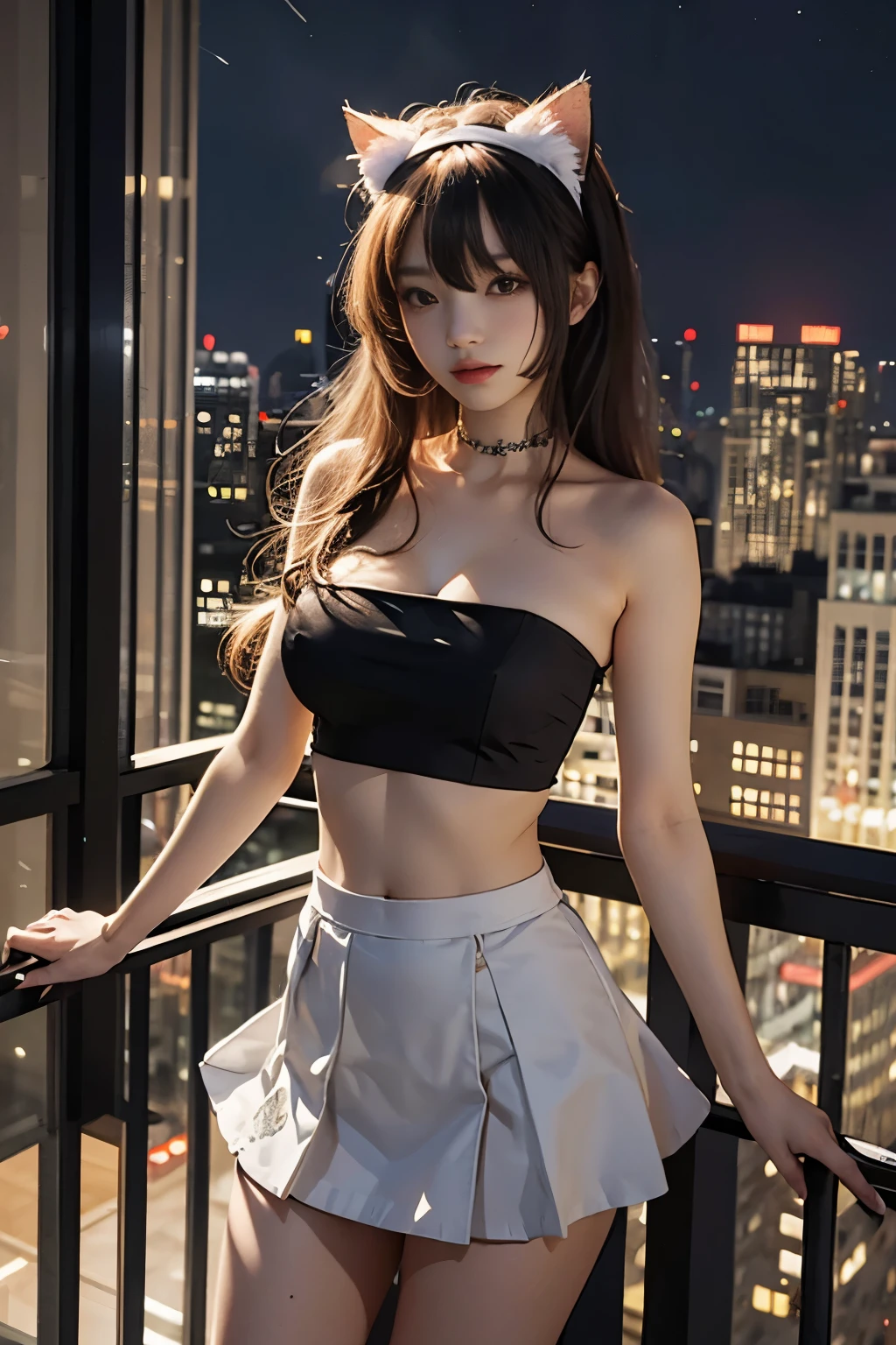 hair bang, cat ears headband, ideal , tube top, stomach, weiss, low skirt in balcony, skyscraper, night