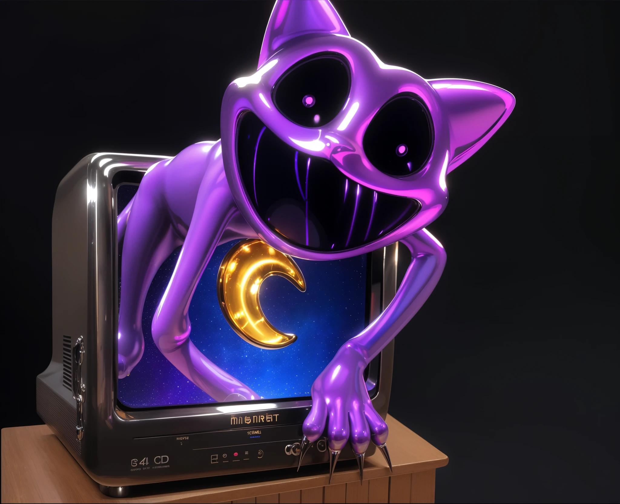 violet cat toy, toy cat, the cat climbs out of the TV, cat made of bones anthropomorphic, creepy, glossy texture, smooth 3d model, multiple light sources, rim light, sharp post effects render, (glossy metallic texture with multiple big light probe refractions), perfect cgi, cgi art created only with gradients, smooth silhouette, high intensity refraction, (super glossy chrome material), most beautiful vfx, blue background, chrome metal refractions, 3d model, digital art, detailed digital art, beautiful light, reflective, best quality, 4k, masterpiece:1.2, ultra-detailed, realistic, vivid colors, The image of the highest quality, ensuring every detail showcased perfectly. It in 4k resolution, allowing viewers to immerse themselves in the richness of the colors and intricate details. The realistic rendering. reflecting, high-resolution image, realistic rendering, rim light, multiple light sources, rim light, sharp post effects render, (glossy metallic texture with multiple big light probe refractions), perfect cgi, cgi art created only with gradients, smooth silhouette,
