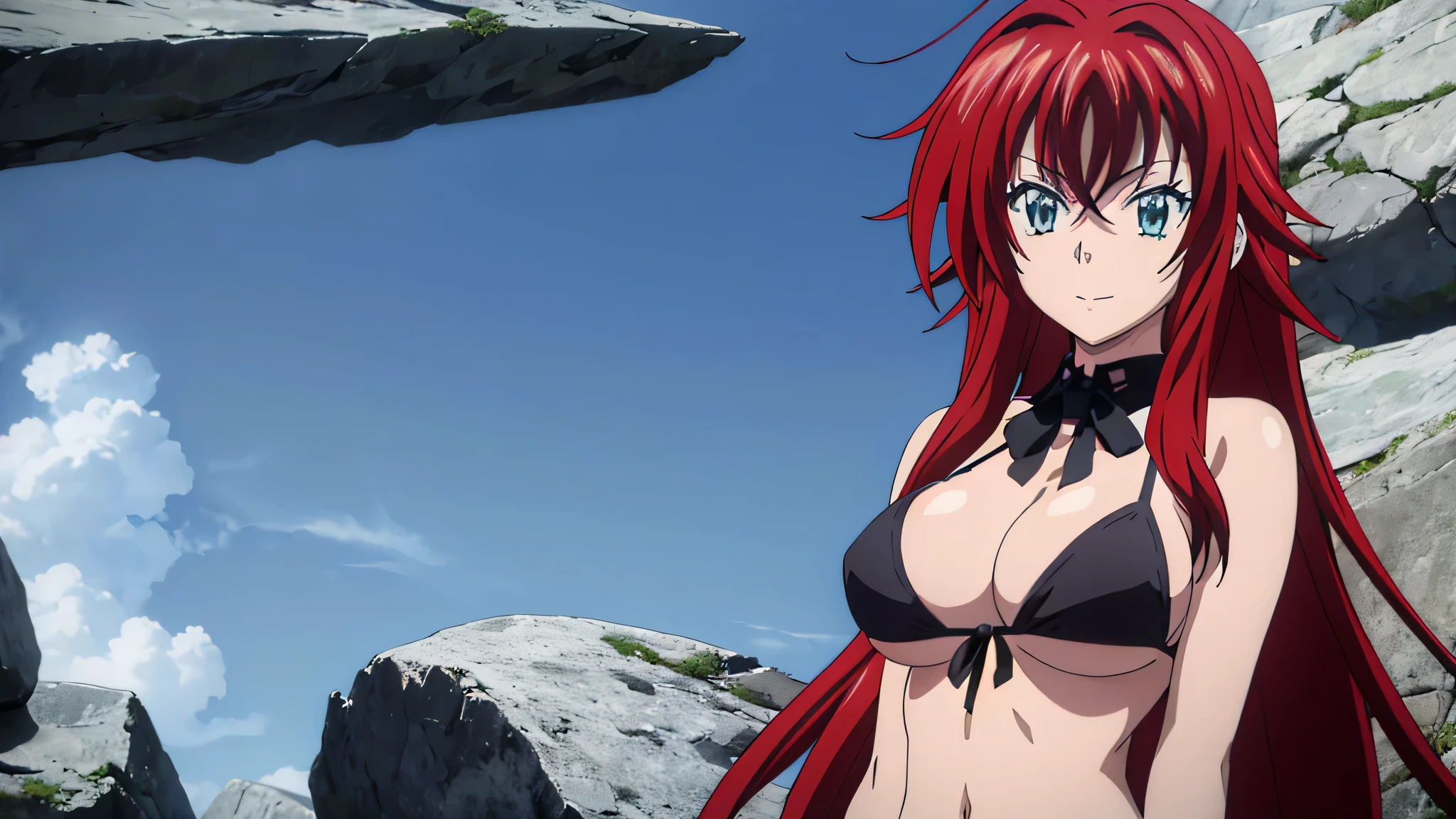 (((picture perfect))), (absurdres), 1girl, solo, rias gremory, smiling face, ((upper body)), (large breasts), ((black mini bikini)), (nipples poking through bikini)