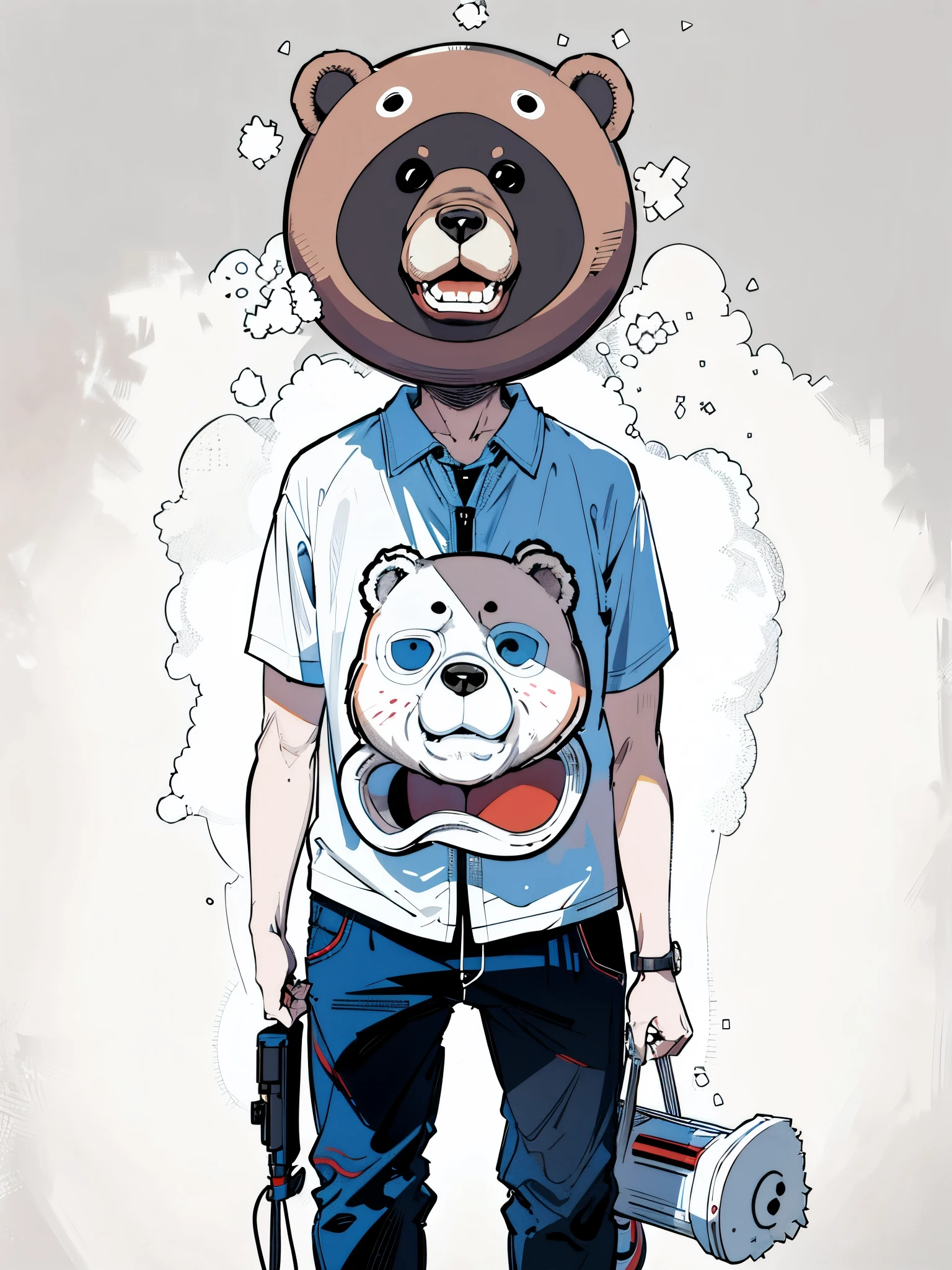 Bear head, portrait of anthropomorphic bear, big head, big headで, Inspired by Ron English, Bubble head, alex pardee, full body mascot, gray personification, sad man wears a bear mask, Inio Asano&#39;s illustration、line drawing、comics、High resolution、highest quality、8K