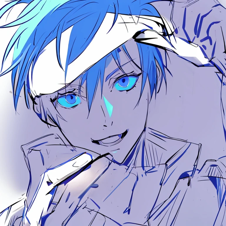 a drawing of a guy with blue eyes holding a knife, tall anime guy with blue eyes, with index finger, anime shading)