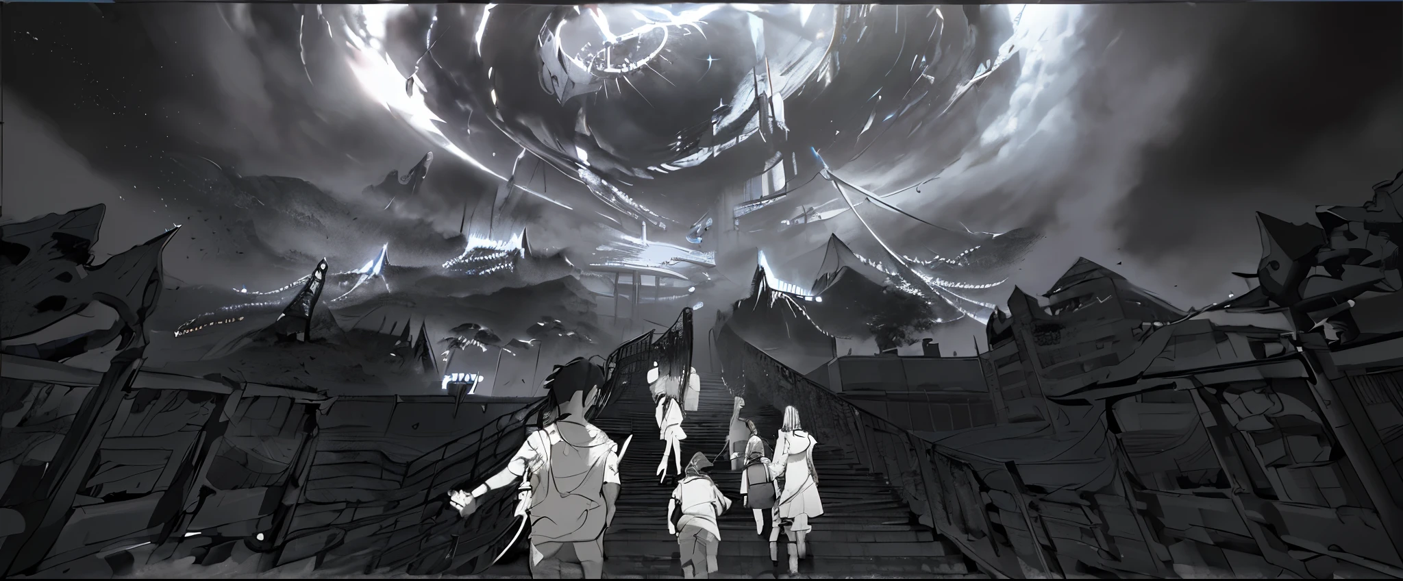 Anime scene of a couple walking down the stairs, Concept art magical highlights, Video game concept art, cosmic horror concept art, Anime Landscape Concept Art, Concept works, Dark high contrast concept art, !Dream concept art, concept art scene, black and white comic panel, Published concept art, glow concept art