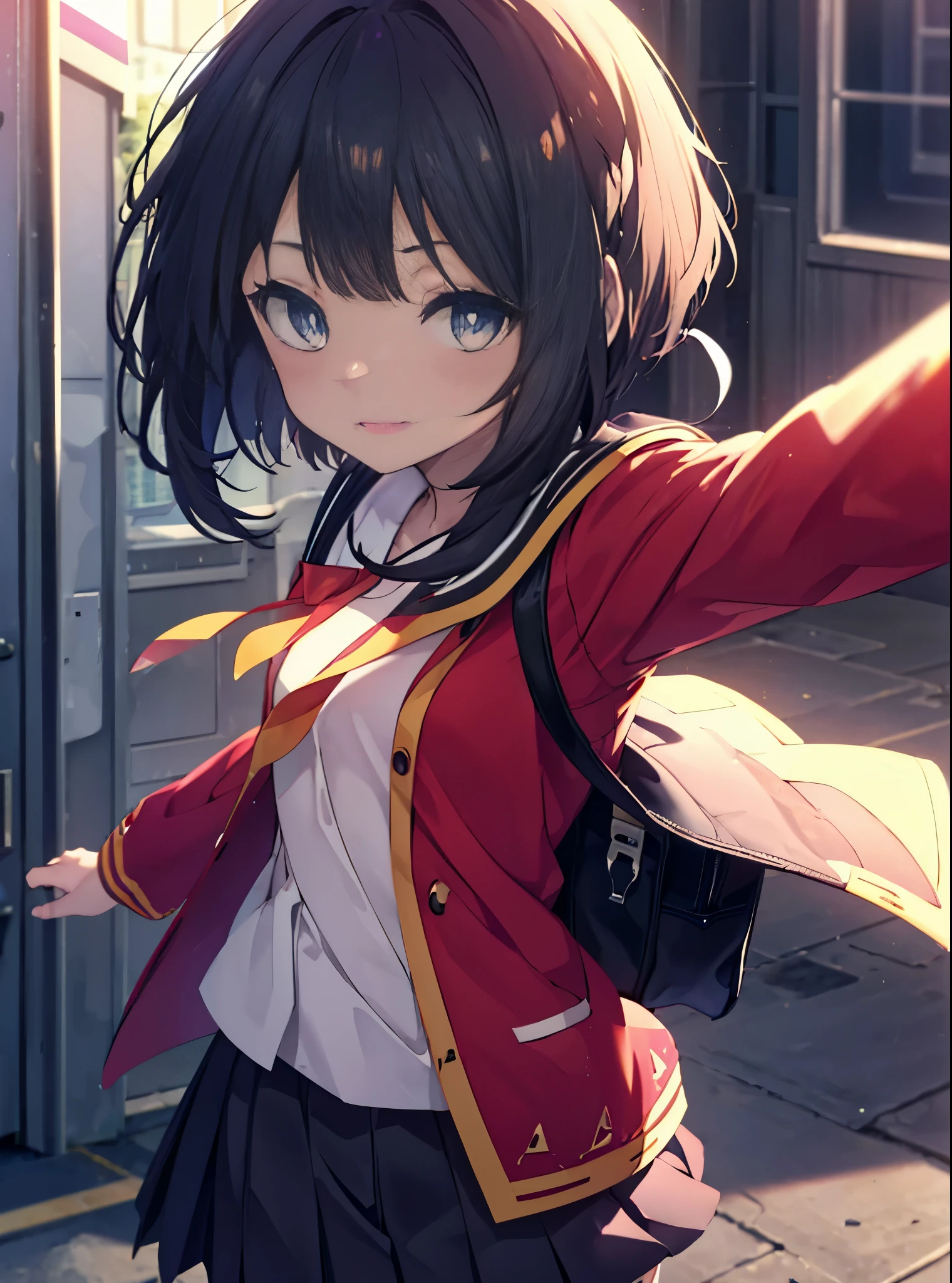 1 girl, alone, black hair,short hair,red eyes, looking at the viewer, blush,smile, , heart 1 girl, T-back, Megumin, school uniform,black sailor suit,red cardigan,black pleated skirt,gray pantyhose,school bag,city,walk,come to school,(masterpiece:1.2), highest quality, High resolution, unity 8k wallpaper, (shape:0.8), (beautiful and detailed eyes:1.6), highly detailed face, perfect lighting, Very detailed CG, (perfect hands, perfect anatomy),