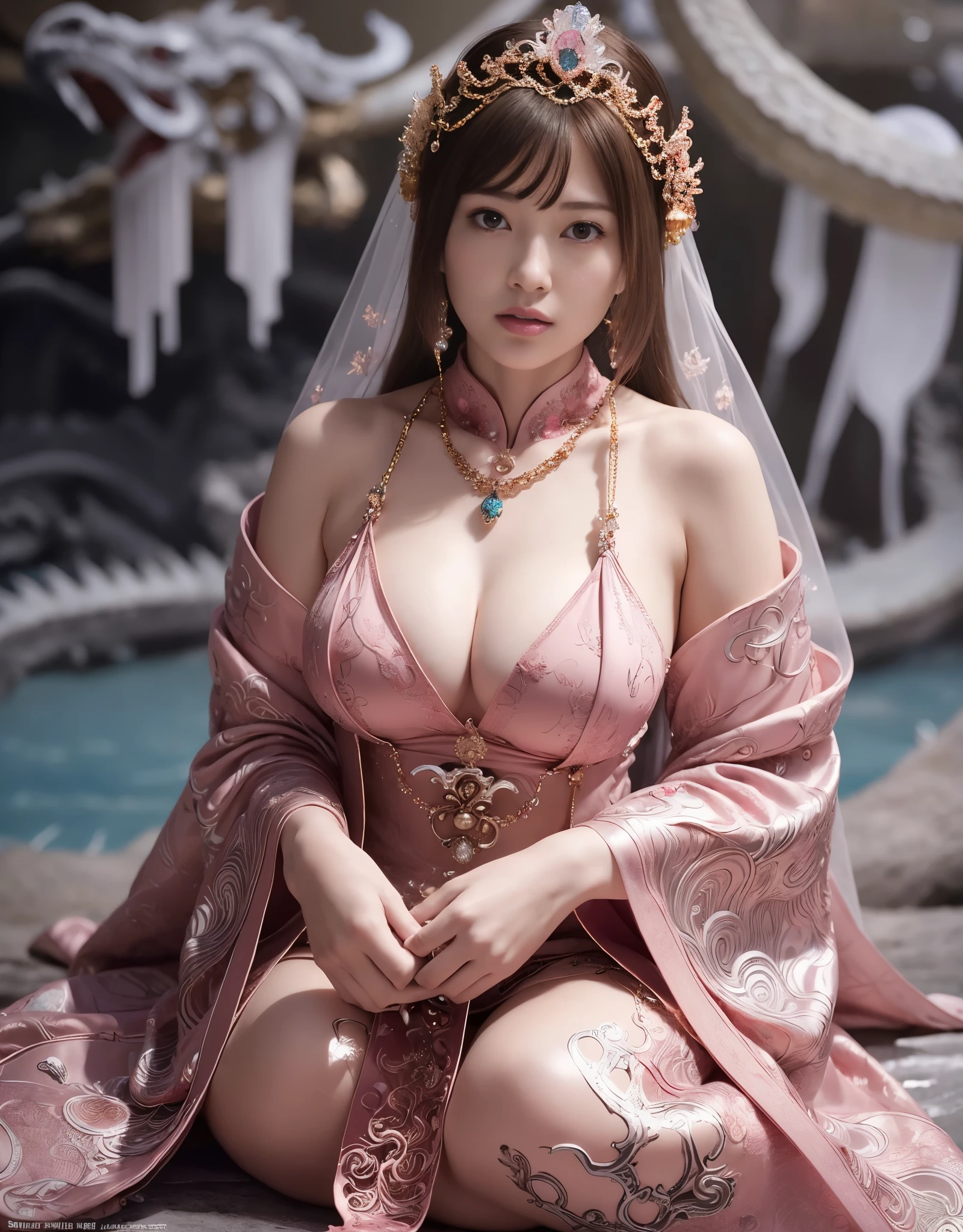 (very heavy chest)、highest quality、masterpiece、ultra high resolution、（ice dragon armor）、(((Metal製))),(((big breasts)))、(((Detailed revealing pink micro bikini))),(she wears a beautiful crown made of precious stones.),(Photoreal:1.4)、RAW photo、1 girl、(((random hair))、(((color々take a pose)))、glowing skin、(((ice ice chinese dragon)))、intricate and gorgeous hair ornaments、（Looks like a gorgeous jewelry necklace）、（someone who looks at you calmly, Eyes like a goddess.）happiness:1.2).((beautiful sea background))、cliff、(ruins background)、((Super realistic details))、portrait、global illumination、（sexy pose）、Shadow、octane rendering、16K、big breasts、Raw skin exposed in the cleavage、Metal、intricate decorative details、Japan details、very intricate details、realistic light、CG Society Trenlow Eyes、Eyes shining towards the camera、（veil）、(((heavy big))),Shining eyes shine、armpit、24K,