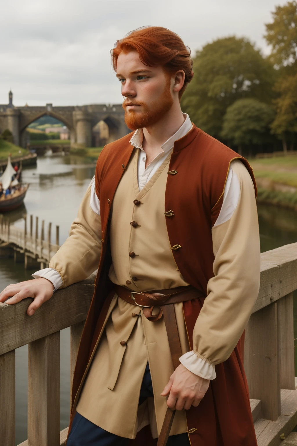England, 1327. A young ((((21-year-old)) Merthin Fitzgerald)), handsome, athletic, beard, looking to the bridge in construction, ((worry expression)). ((((clothings from the 1300s)))), ((redhead hairstyle of the 1300s))