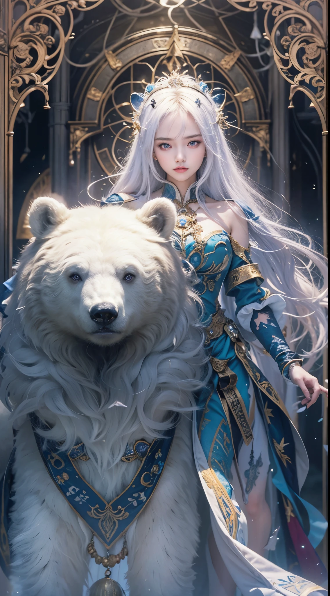 The crystal castle sealed in the magic book,Blood,night, dark, (fantasy),unlimited,dark blue sky,abyss of knowledge,cover,((on the table)), (((best quality))),((beautiful narrow eyes)),(eyelash)、(((Beautiful girl riding a huge white bear)))、(1 girl)、perfect human structure、blowing in the wind、long white hair、Eye of the Abyss、shiny skin、oiled、、wizard robes、tattered fabric、realistic jacket、think、超精致CG Unity 32kwallpaper、masterpiece, ((Super detailed)), ((revelation)),Very colorful,wallpaper,vitality,unknown horror,mind bending,around magic,magical environment,magic wand,This book,Flight page,know all this,Fortune-telling、understand the past、智慧unlimited、blue flame、Warlock、magic circle、five-pointed star、Kamiran Special La、Singing Magic