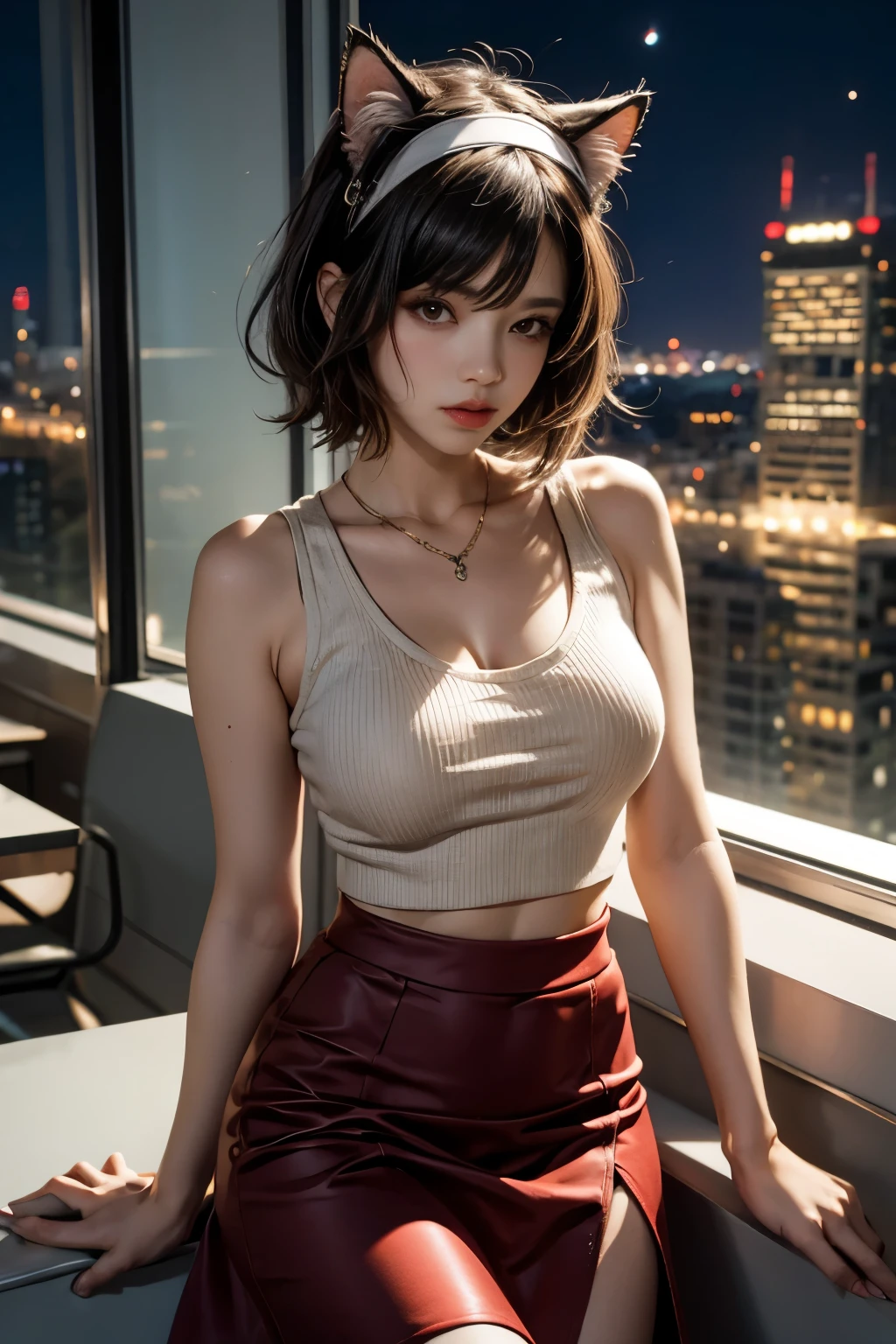 cowboy shot,ultra highres,(reality: 1.4),highest quality, masterpiece, high detail, 16K quality, beautiful, 1 beautiful girl,japanese,super beautiful face,baby face,japanese idol face,cute face,super detailed face,detailed hand,beautiful skin,glossy skin,big eyes,big smile,profeccional lighting,short hair, black hair,brown beautiful eyes, ((nude)),standing,arms on hip,from front,(((show off pussy))),(detiled pussy),under hair,nsfw,medium breasts,she is looking at the camera,skyscraper,windowsill,city view,night view,