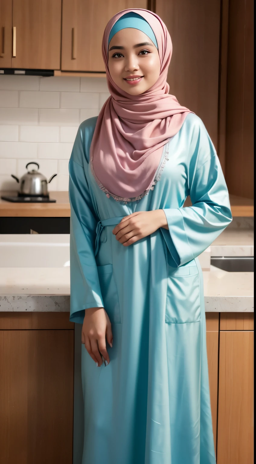 RAW, Best quality, high resolution, work: 1.3), detail face, beautiful Malay man wearing hijab (iu:0.8), wearing pastel outfit modern Muslim gamis teenage robe, hijab, shawl, apron, optimistic, background in the kitchen, perfect nose, perfect body, no breasts, big eyes, ((full body)), dripping , smiling at the audience, graceful pose, face to audience, Body to audience, full body portrait 