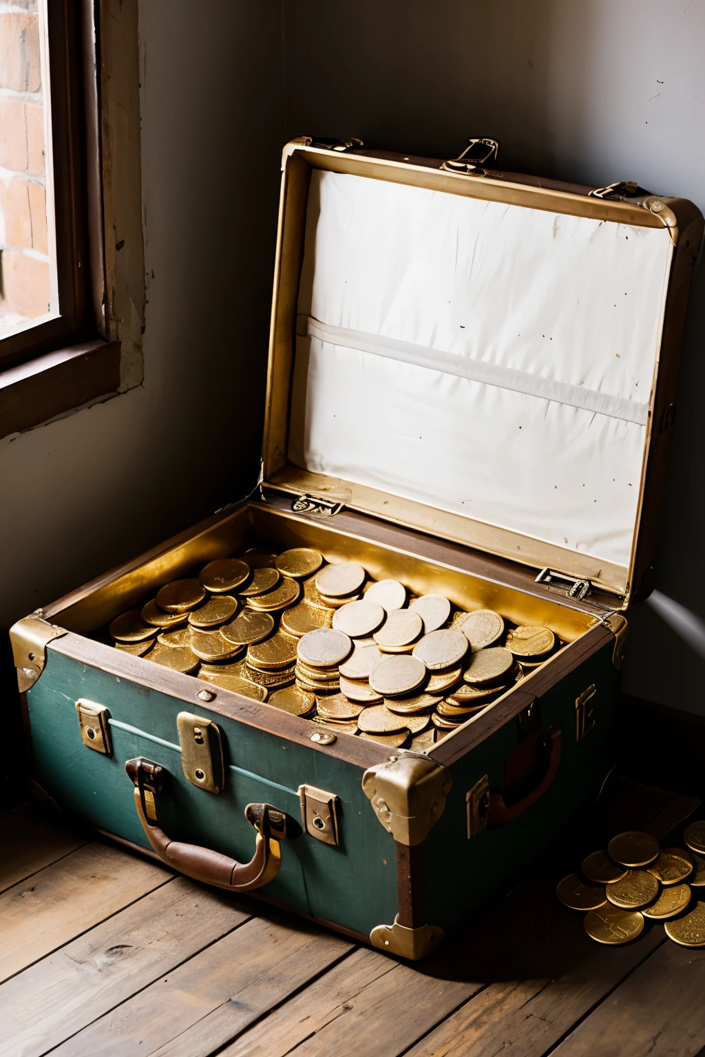 A weathered suitcase, forgotten in an attic, bursts open to reveal a money tree shimmering with gold coins.