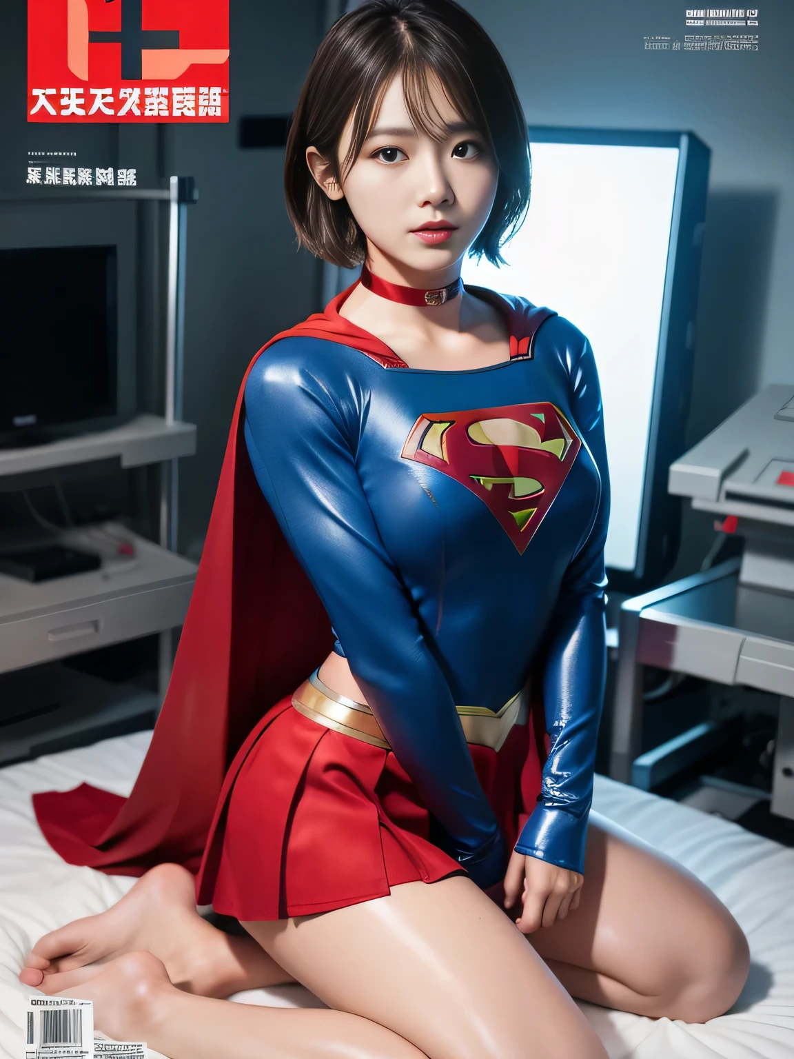 masterpiece,supergirl costume, short hair, barefoot, big and full breasts,operating room、operating table、straddle、flowing sweat、shiny、look at the camera、provocation、Estrus、choker、Weekly magazine cover、long sleeve、red mini skirt、obscene pose、Seduce
