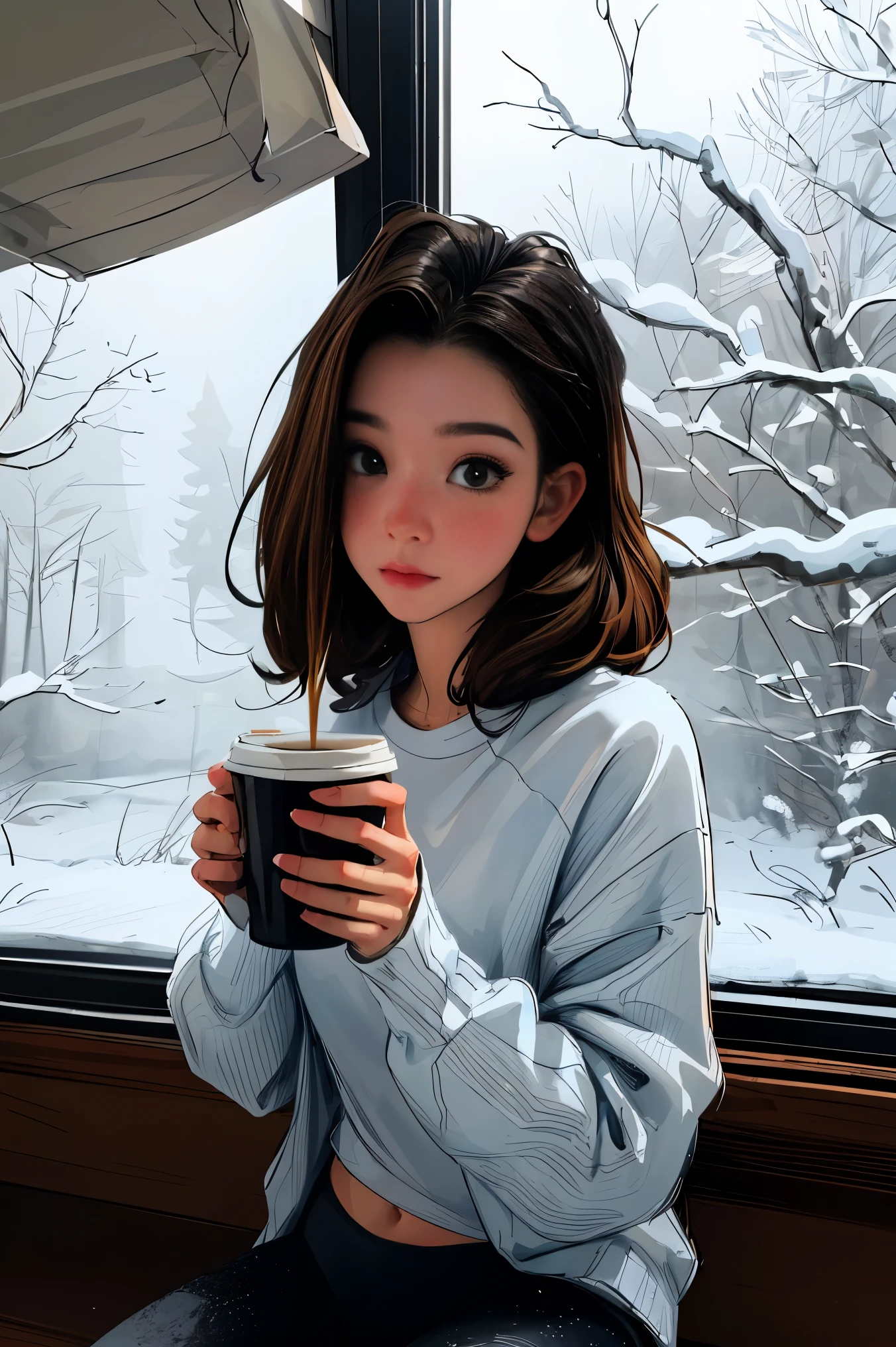 Illustration of a woman sitting on a window sill and holding a cup of coffee, that'It's cold snow falling outside, girl on the window sill, winter photos, There is a woman standing at a quiet window and looking out..., snowy. stormy weather. Anime Female, realistic mature woman, illustration, Anime Female은 눈 내린 창문 밖을 본다, realistic art style, Realistic anime art style, Realistic anime art style, long 머리를 가진 일리아 쿠브시노프, in anime style, Woman in front of mysterious snowy window(masterpiece:1.4), (best quality:1.4),Woman wearing tight sportswear,vivid colors, soft focus, light leak, dreamy atmosphere, experimental charm, Retro charm break color field painting, various colors, abstract expressionism, Bold colors, emotional impact, atmospheric depth, MINIMALIST APPROACH BREAK, Beautiful woman, UHD (ultra detail) viewers who see it.., different, fancy, long, Her waist-length hair was dyed brown and tied back.. 🌈, leggings clothing, white sports t-shirt,White stardust in dark areas, absurd, high resolution, very detailed, (1 woman : ), vivid colors, soft focus, light leak,