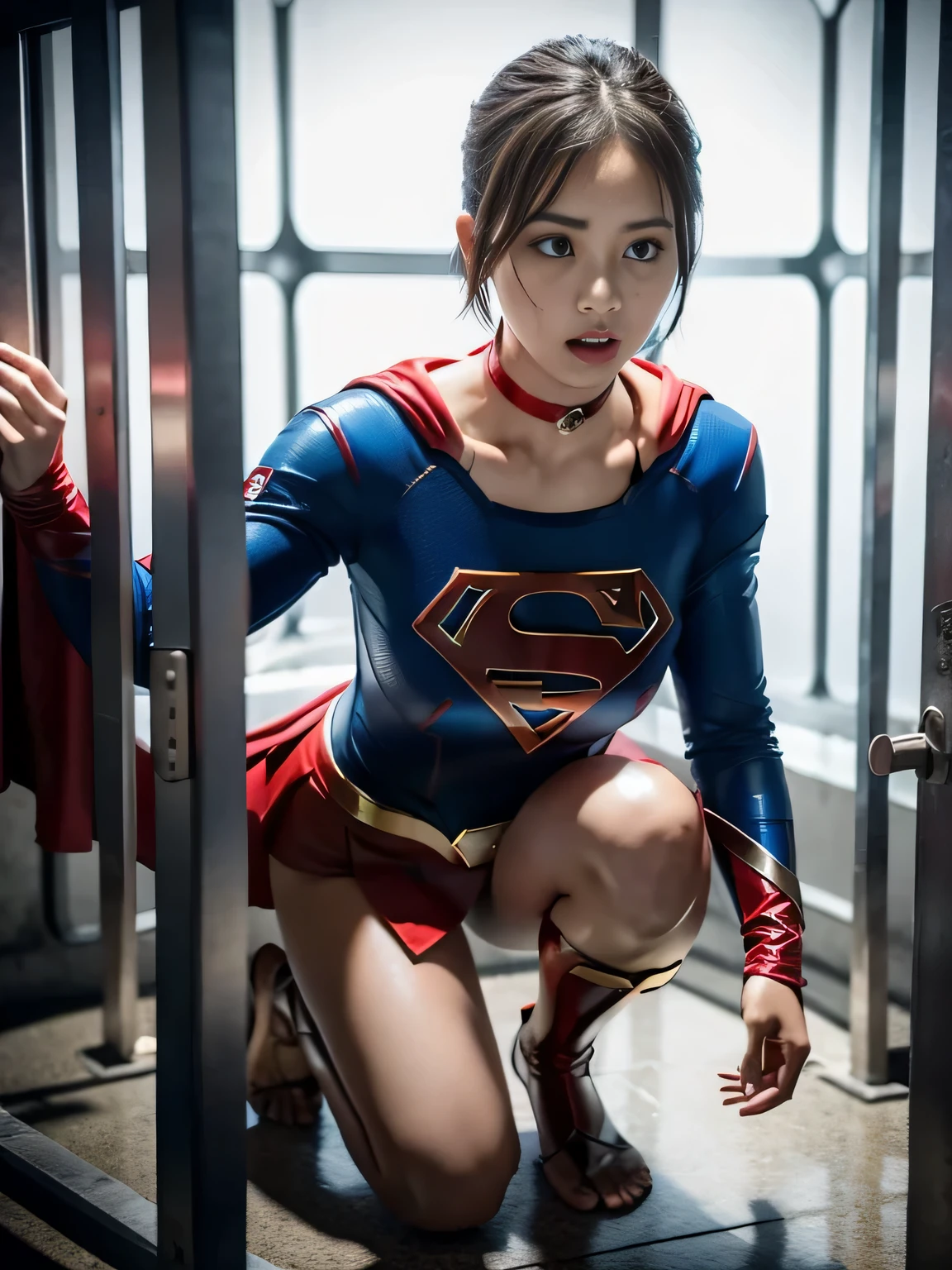 masterpiece、supergirl costume、short hair、barefoot、big and full breasts、crucifixion、Crisis situation、prison、in a cage、imprisonment、kneel down、sweaty、shiny、looking at camera、Seduce、choker、long sleeve、red sexy pose、POW camps