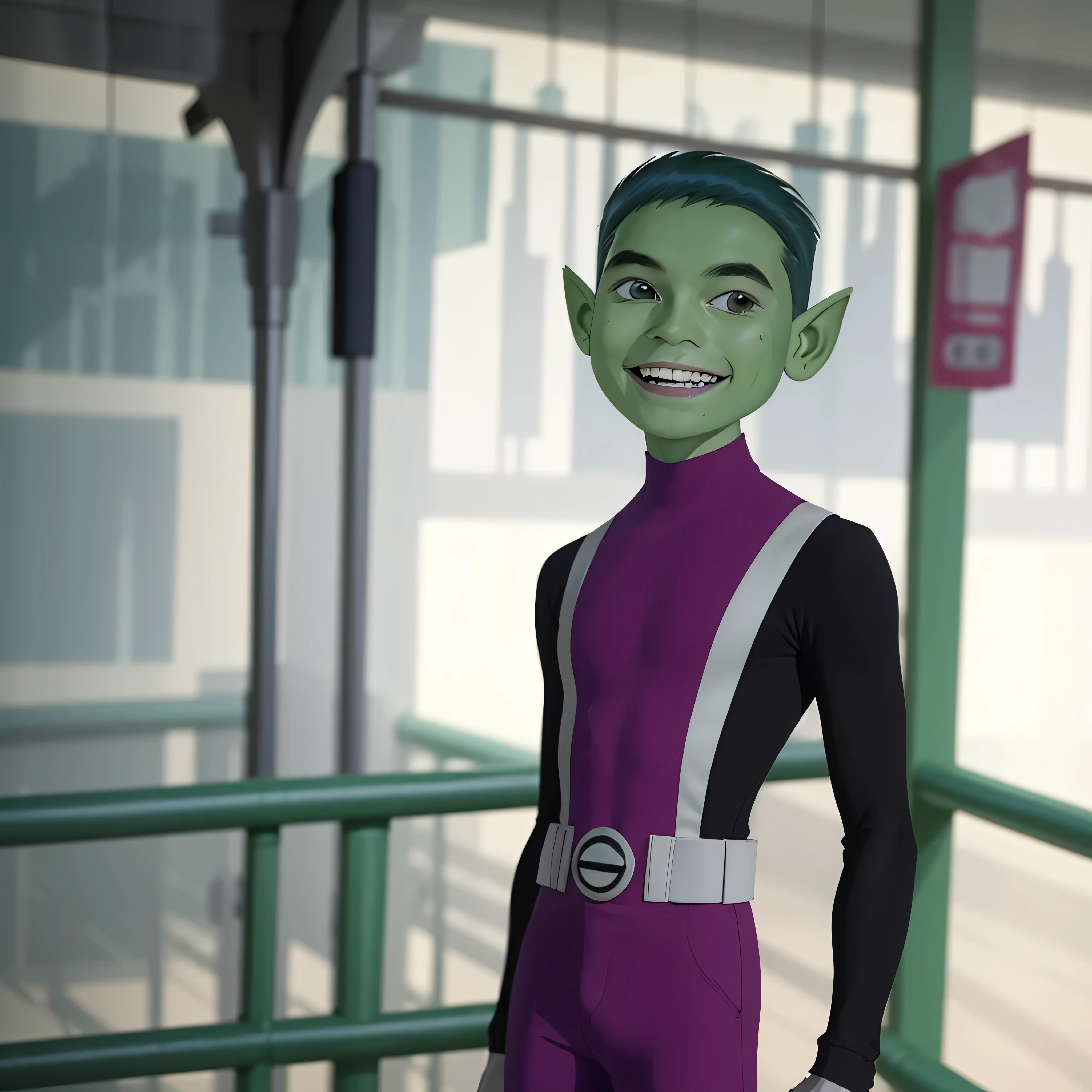 ((masterpiece,best quality)), absurdres, BeastBoy_TeenTitans,   1boy, solo, green eyes, green hair, green skin, colored skin, pointy ears,  purple bodysuit, solo, smiling, looking at viewer, cowboy shot,