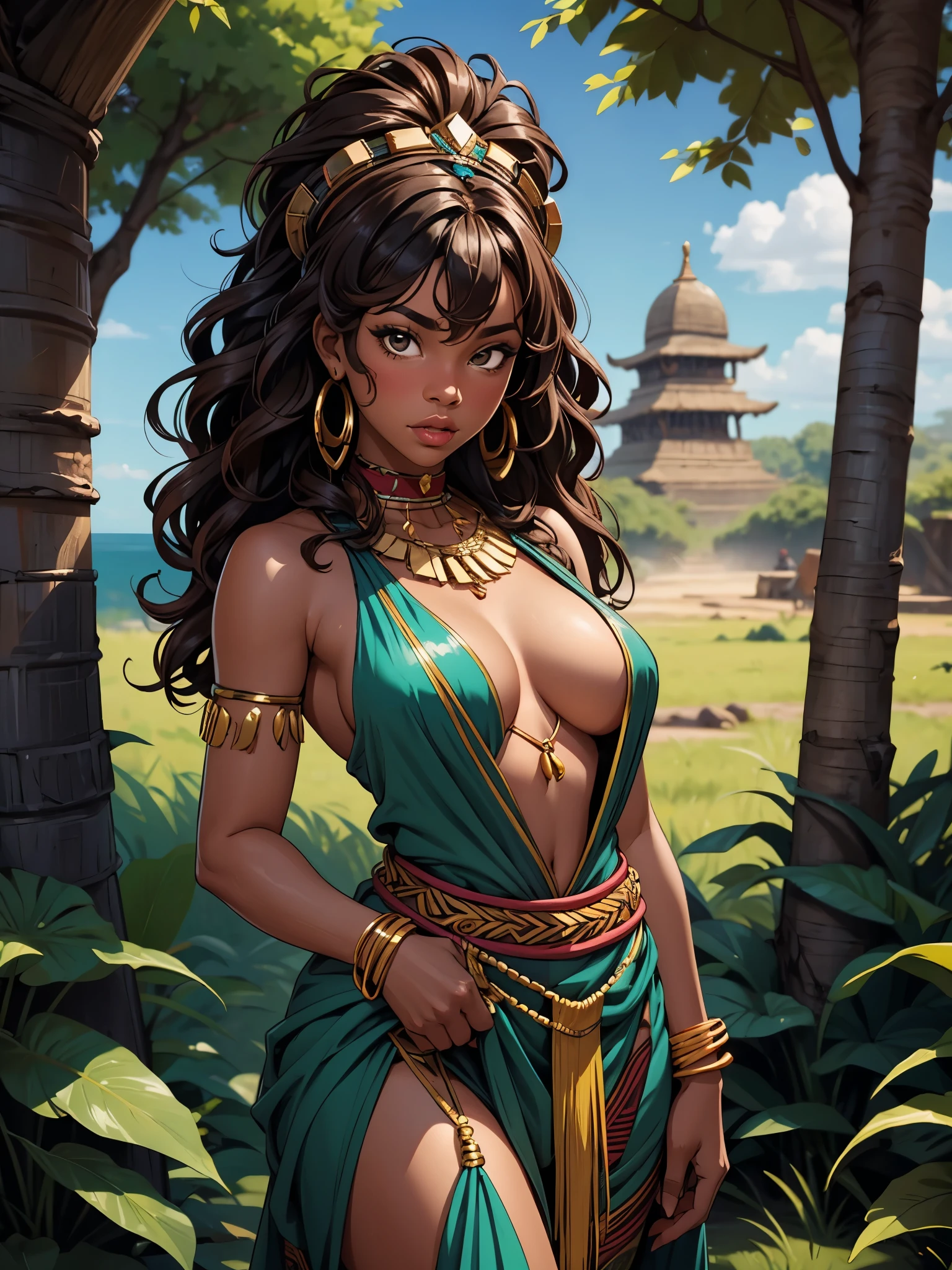 A beautiful black woman with black African skin, she is a princess of the forest, wearing tribal costumes with various African tribal accessories, by the body, cultural wakanda, Africans, she has wavy hair, curly brown hair, a beautiful sweet-looking woman, skinny;