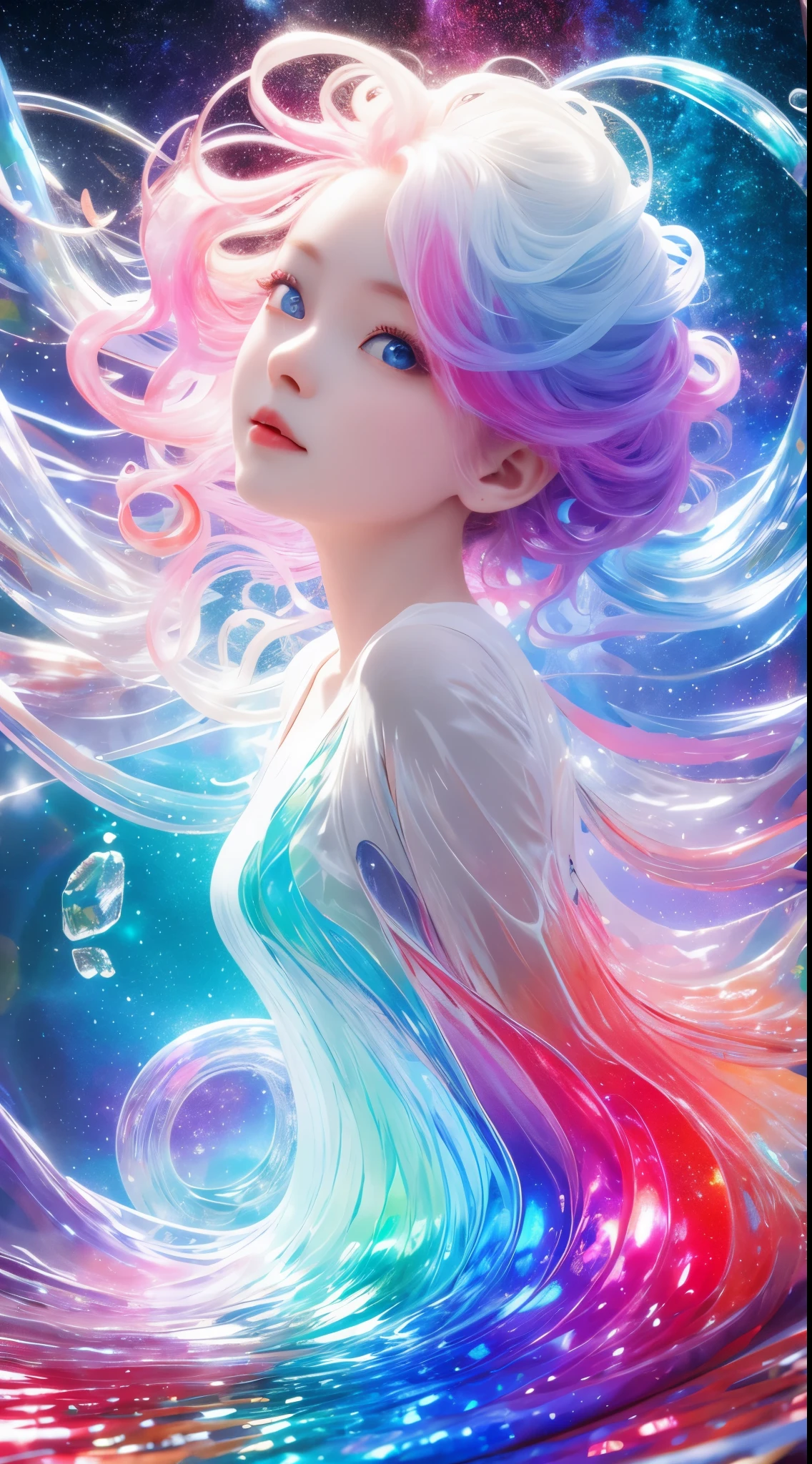 a girl，rainbow colors的头发，Romanticized nature，curls，A dreamlike realm，light white and light red，The atmosphere is very good，wave. 3d. rainbow colors. The melting beauty of the universe. Surrealism in Nebula Reflections. glass texture，Translucent，crystal