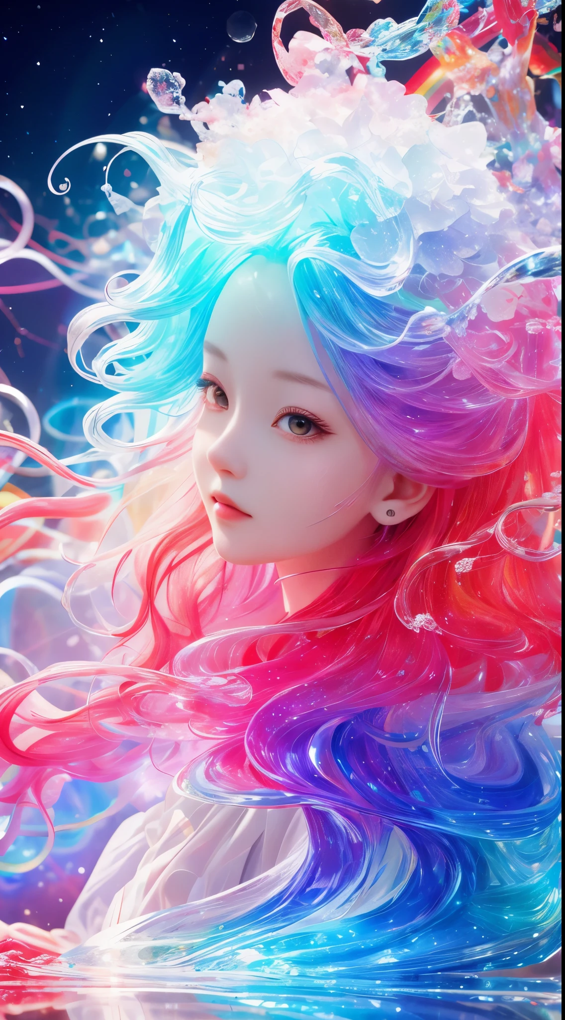 a girl，rainbow colors的头发，Romanticized nature，curls，A dreamlike realm，light white and light red，The atmosphere is very good，wave. 3d. rainbow colors. The melting beauty of the universe. Surrealism in Nebula Reflections. glass texture，Translucent，crystal