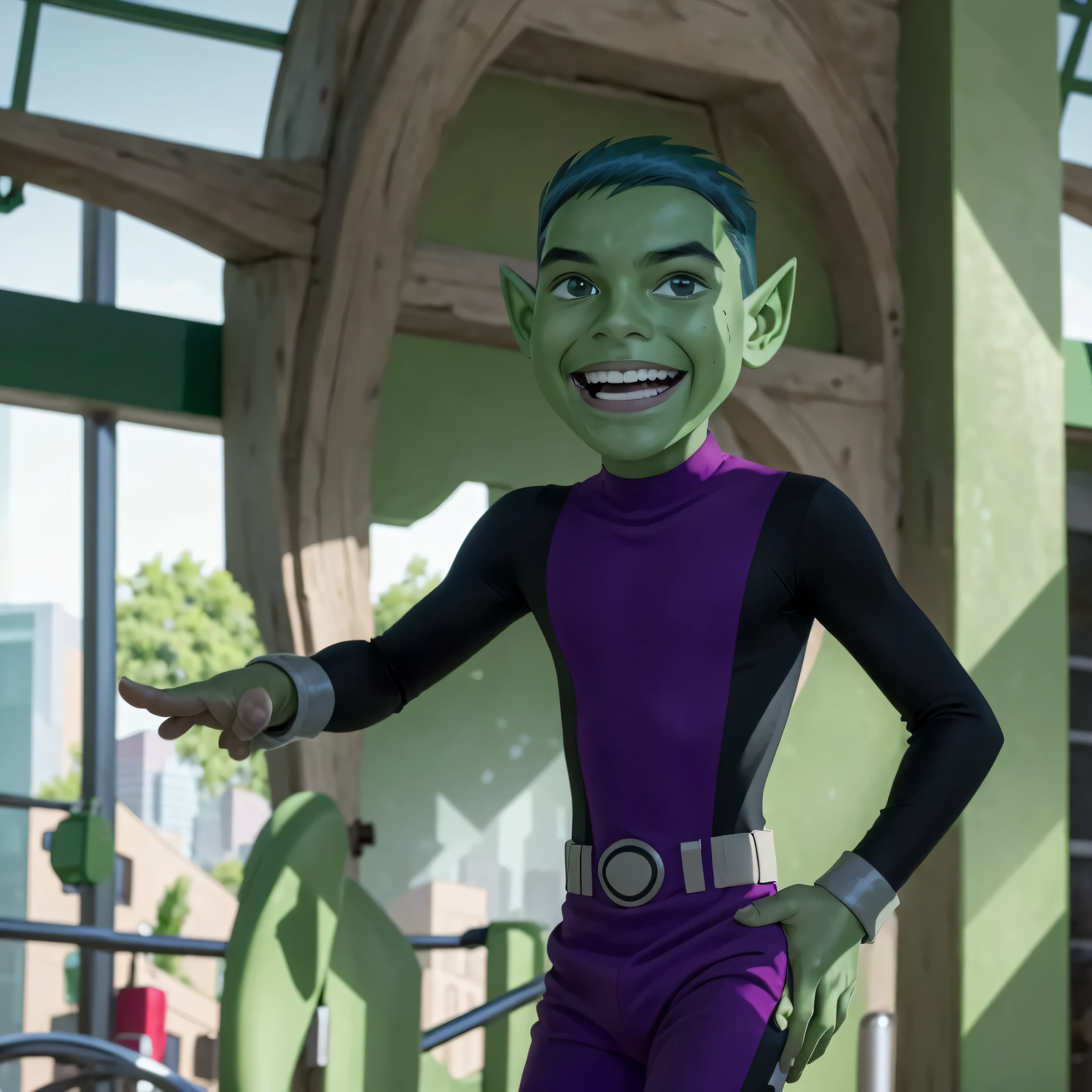 ((masterpiece,best quality)), absurdres, BeastBoy_TeenTitans,   1boy, solo, green eyes, green hair, green skin, colored skin, pointy ears,  purple bodysuit, solo, smiling, looking at viewer, cowboy shot,