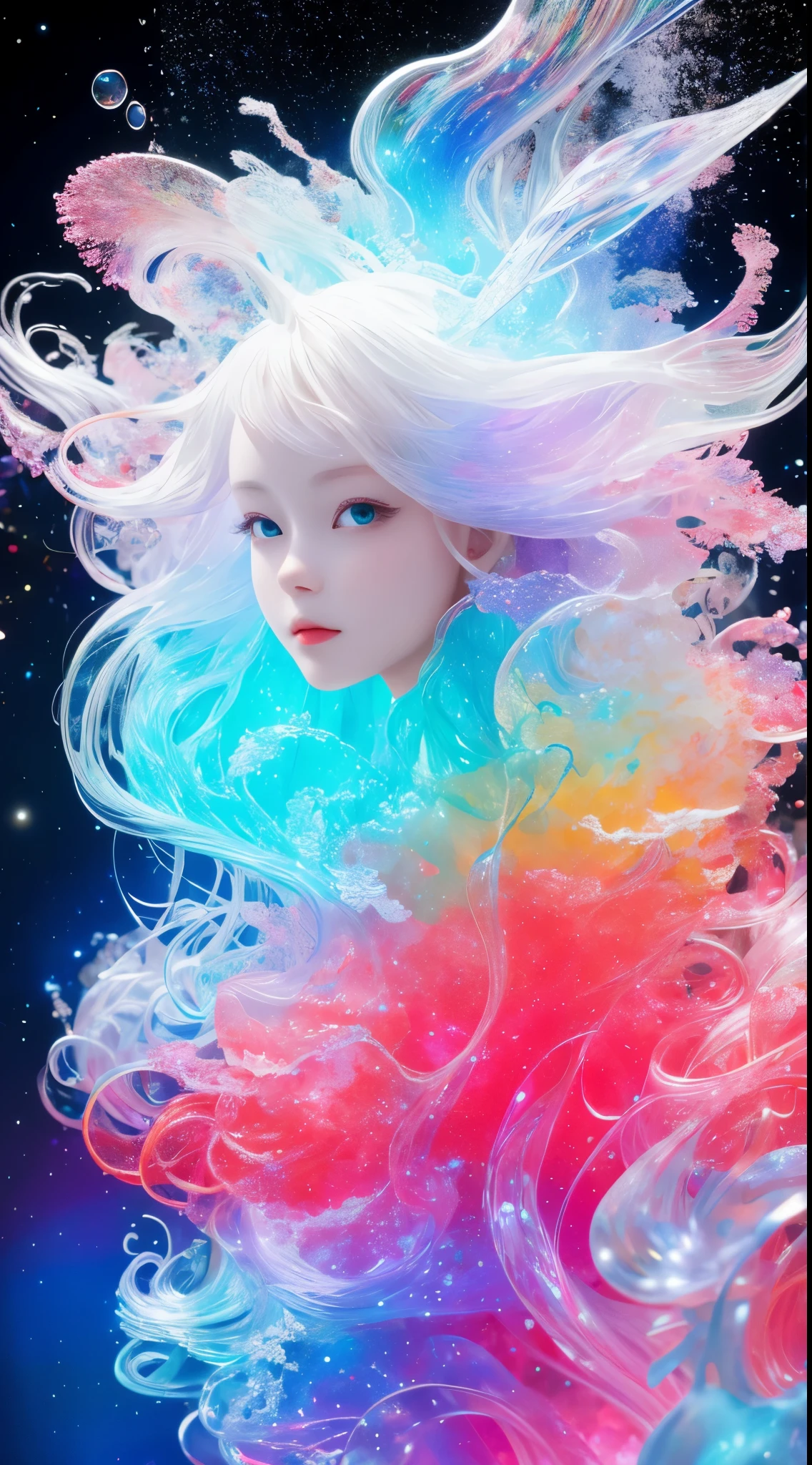 a girl，rainbow colors的头发，Romanticized nature，curls，A dreamlike realm，light white and light red，The atmosphere is very good，wave. 3d. rainbow colors. The melting beauty of the universe. Surrealism in Nebula Reflections. glass texture，Translucent，crystal