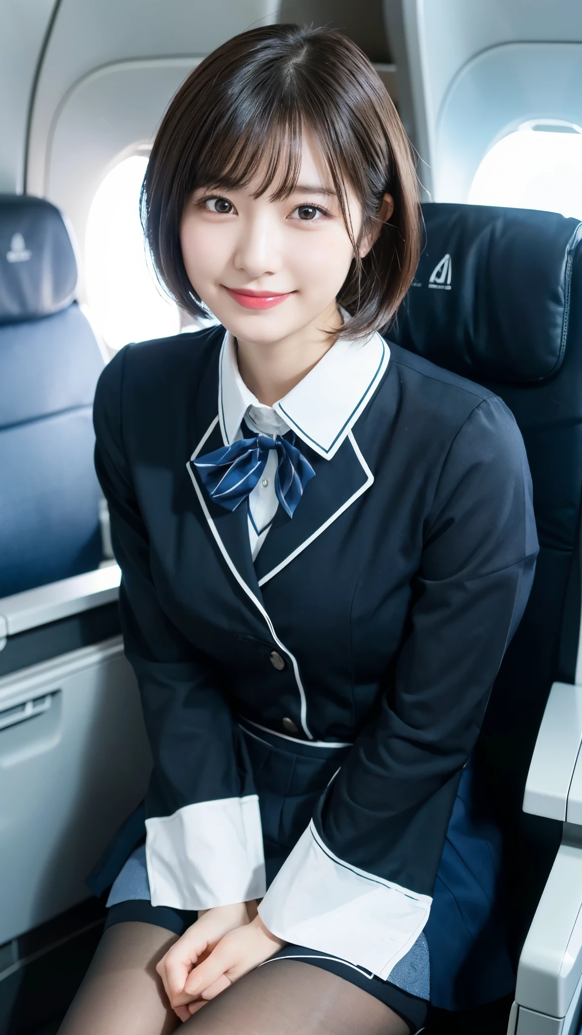 (highest quality,masterpiece:1.3,ultra high resolution),(Super detailed,caustics,8k),(photorealistic:1.4,RAW shooting),25 years old,Japanese,cute,stewardess uniform,black short hair,tights,look up at the camera with a smile,big ,sit on the seat,inside the plane,high position,high angle,Natural light