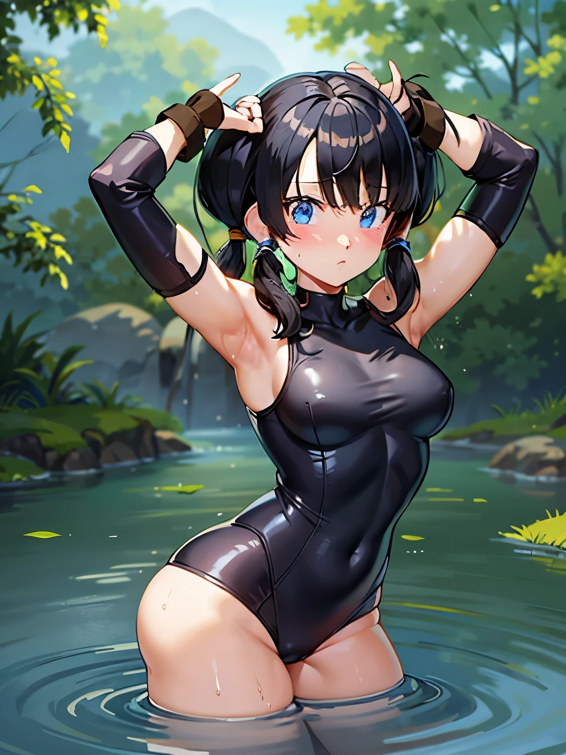 masterpiece, highest quality, High resolution, girl,saw 2, blue eyes, black hair, Low twintails and short cut, medium breasts, frown,blush, Sweat,girl1名, black tight suit, streak,raise your arms high,suspended in the air,hanging,looking at the viewer。Bottomless swamp,the sky is cloudy,The water surface is black and murky,