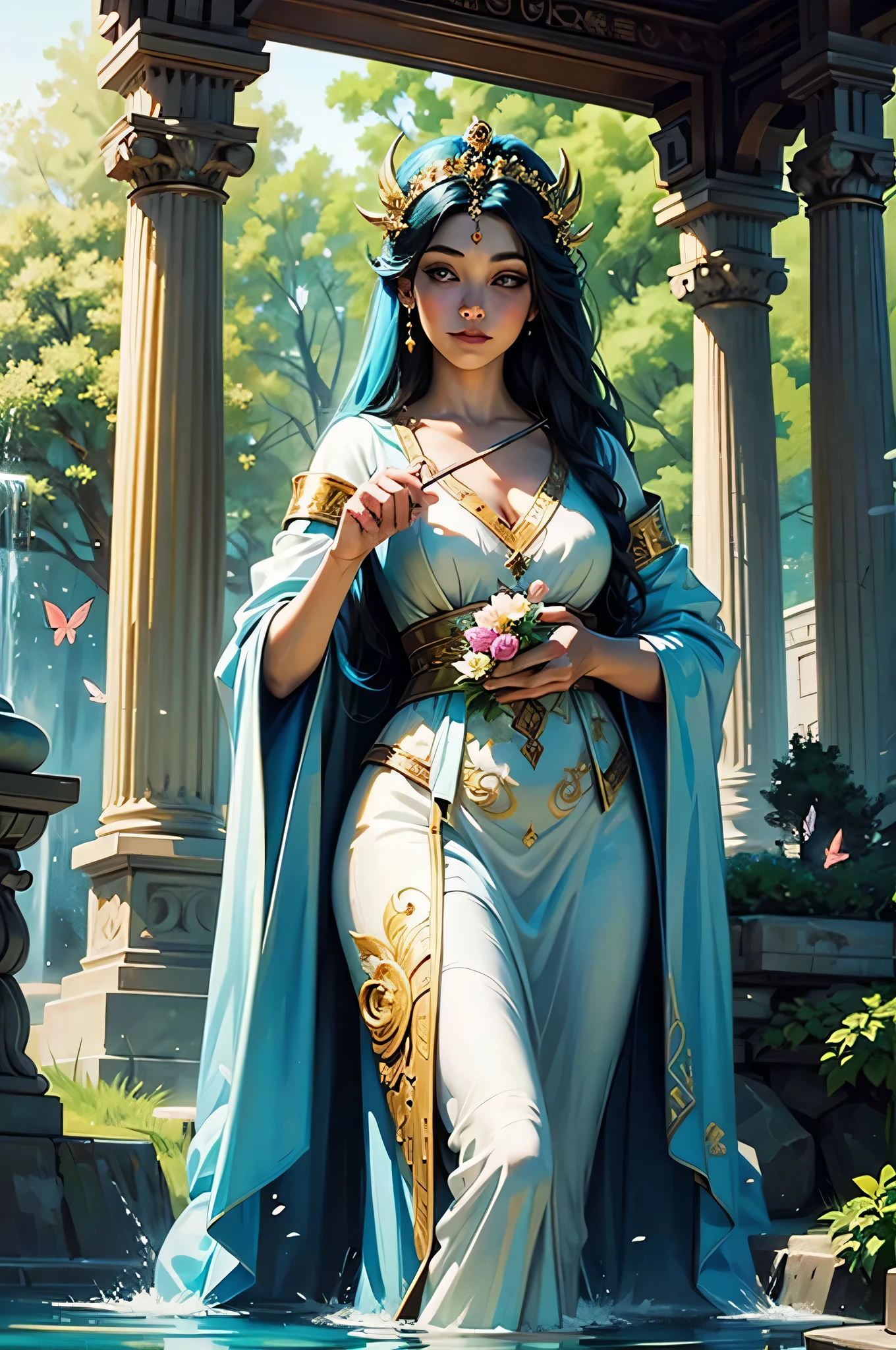 Lady Luck、Painted in the style of Western classical art。The face is facing forward、close。the goddess is wearing a beautiful robe、Standing in a graceful pose。in her hands, she has a four leaf clover, Symbol of good luck.、Its luster shines brightly。A luxurious palace can be seen in the background.、Beautifully decorated with marble columns and carvings.。The garden is full of colorful flowers々Overflowing、Clear water gushes out from the spring。birds and butterflies, symbolize happiness, fly around the goddess.、her presence fills the air around me.。This photo is、The existence of a goddess who symbolizes good luck and beauty.、This is a work that perfectly combines a classical atmosphere..。