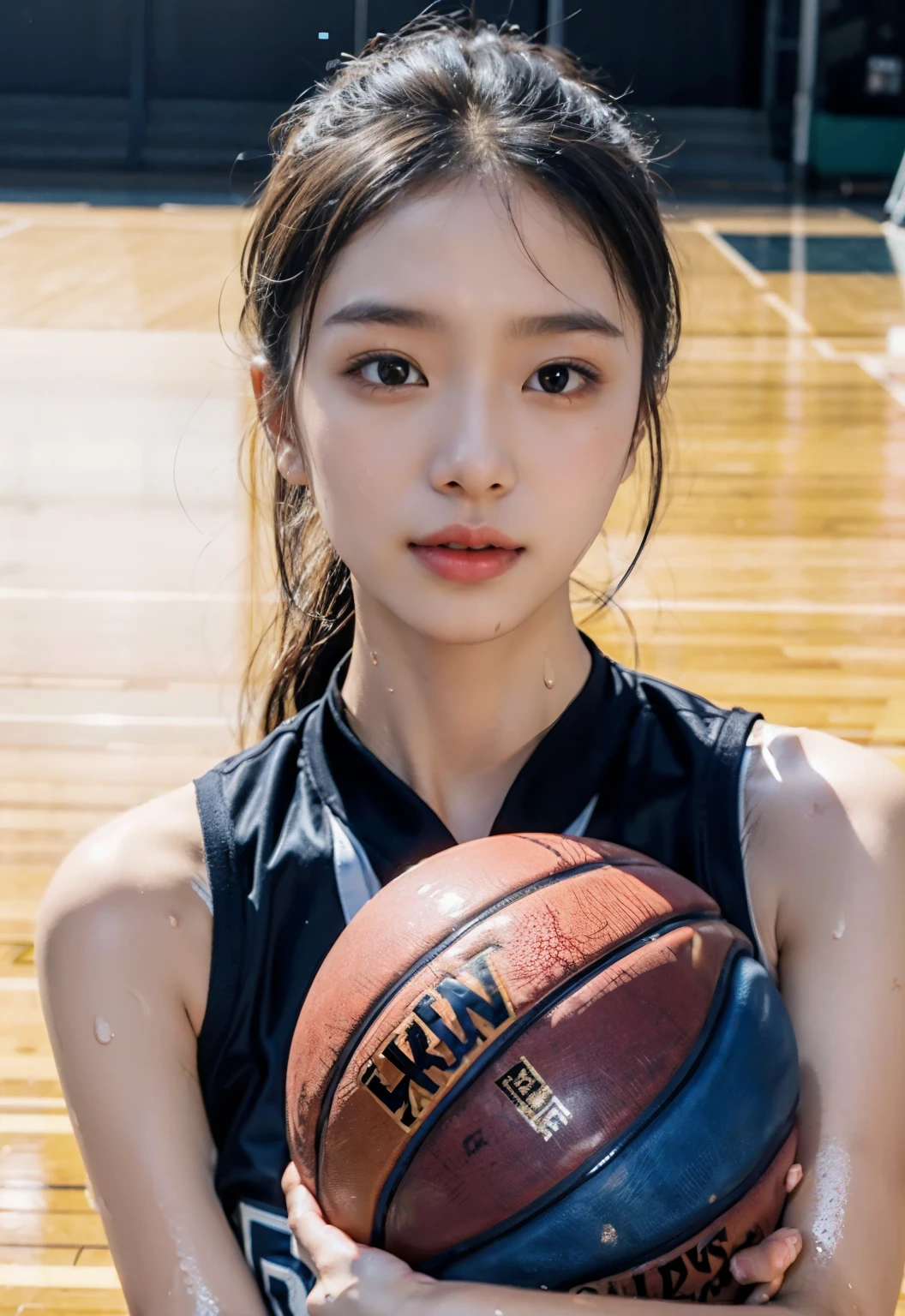 （8k， best quality， master piece：1.2），High resolution，1 girl，real looking skin，dynamic light and shadow,sharp focus,Depth of the bounds written,eyes are delicate,Realisticな生徒, playful expression， wear a basketball uniform，perfect body，the biggest，on the basketball court，Realistic, super detailed, (shiny skin, sweaty:1.4), looking at the viewer,