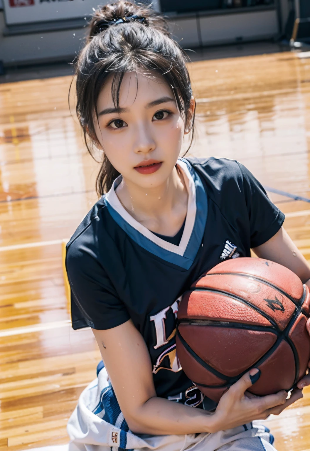 （8k， best quality， master piece：1.2），High resolution，1 girl，real looking skin，dynamic light and shadow,sharp focus,Depth of the bounds written,eyes are delicate,Realisticな生徒, playful expression， wear a basketball uniform，perfect body，the biggest，on the basketball court，Realistic, super detailed, (shiny skin, sweaty:1.4), looking at the viewer,