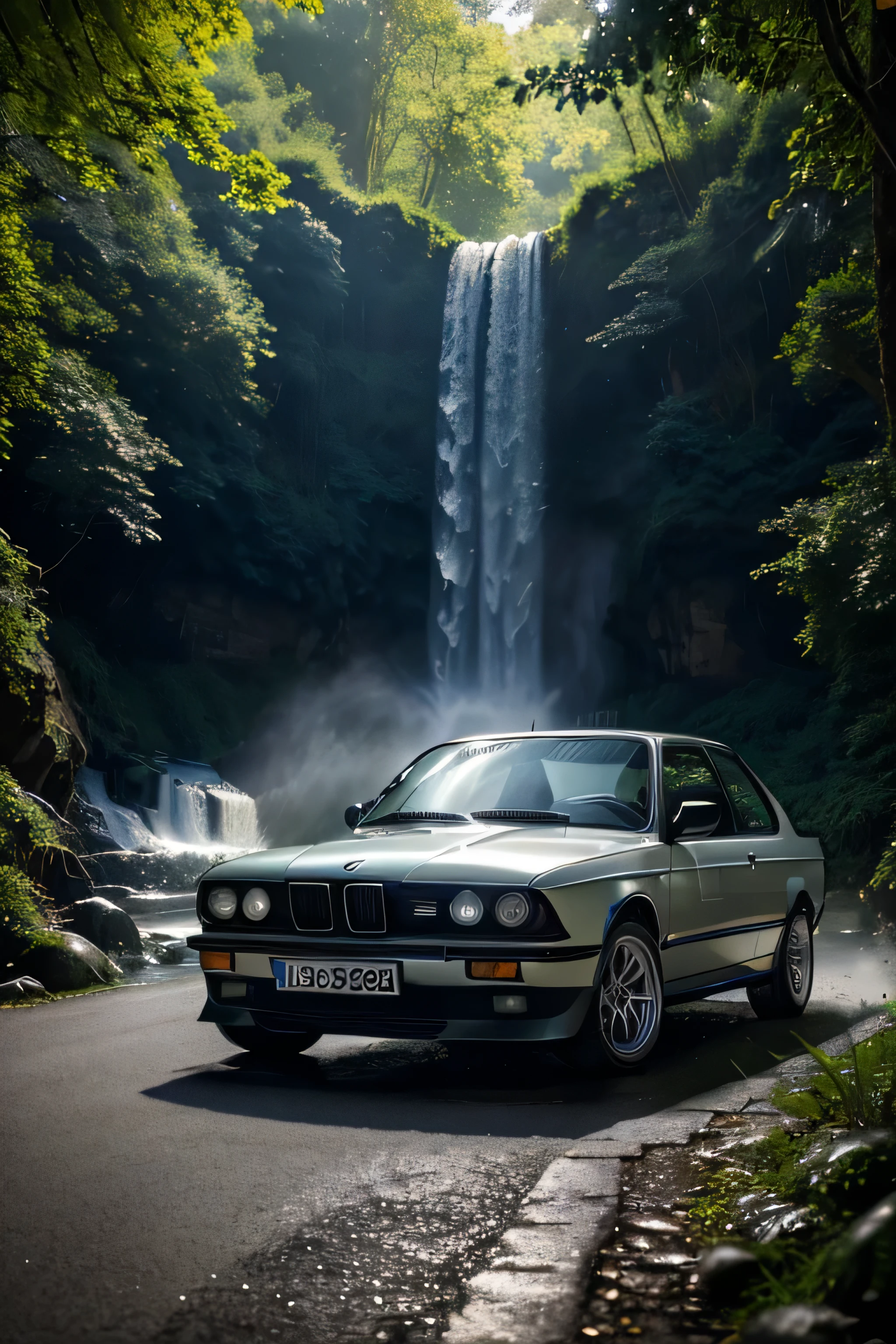 (best quality,4k,highres,masterpiece:1.2),ultra-detailed,(realistic,photorealistic,photo-realistic:1.37),white BMW E30 car in a lush forest, with a beautiful waterfall in the background. The car is captured in a close-up shot, showcasing its super detailed design. The sunlight filters through the trees, creating a mesmerizing play of light and shadows on the car's surface. The image quality is exquisite, with sharp focus and vivid colors. The scene exudes a sense of tranquility and serenity, with the sound of the waterfall complementing the visual spectacle.