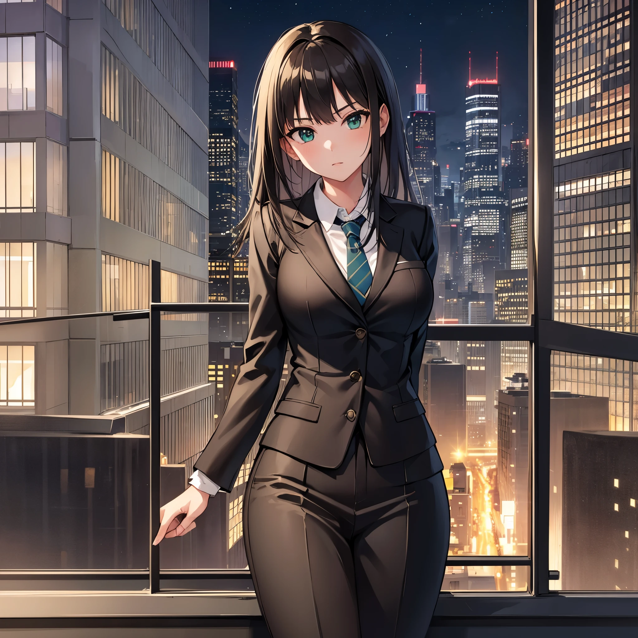 1 girl, mature woman, green eyes、suit, bow, highest quality, hire, detailed face, office, building seen from the window, detailed background, Depth of written boundary, Bokeh,black long hair,cityscape at night