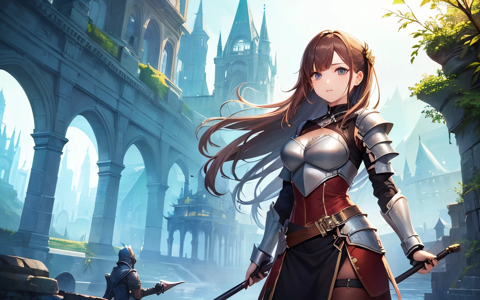 High quality、８ｋ、beautiful girl、female hero、fantasy world、bright background、rich in nature、Woman in Armor、cool atmosphere、