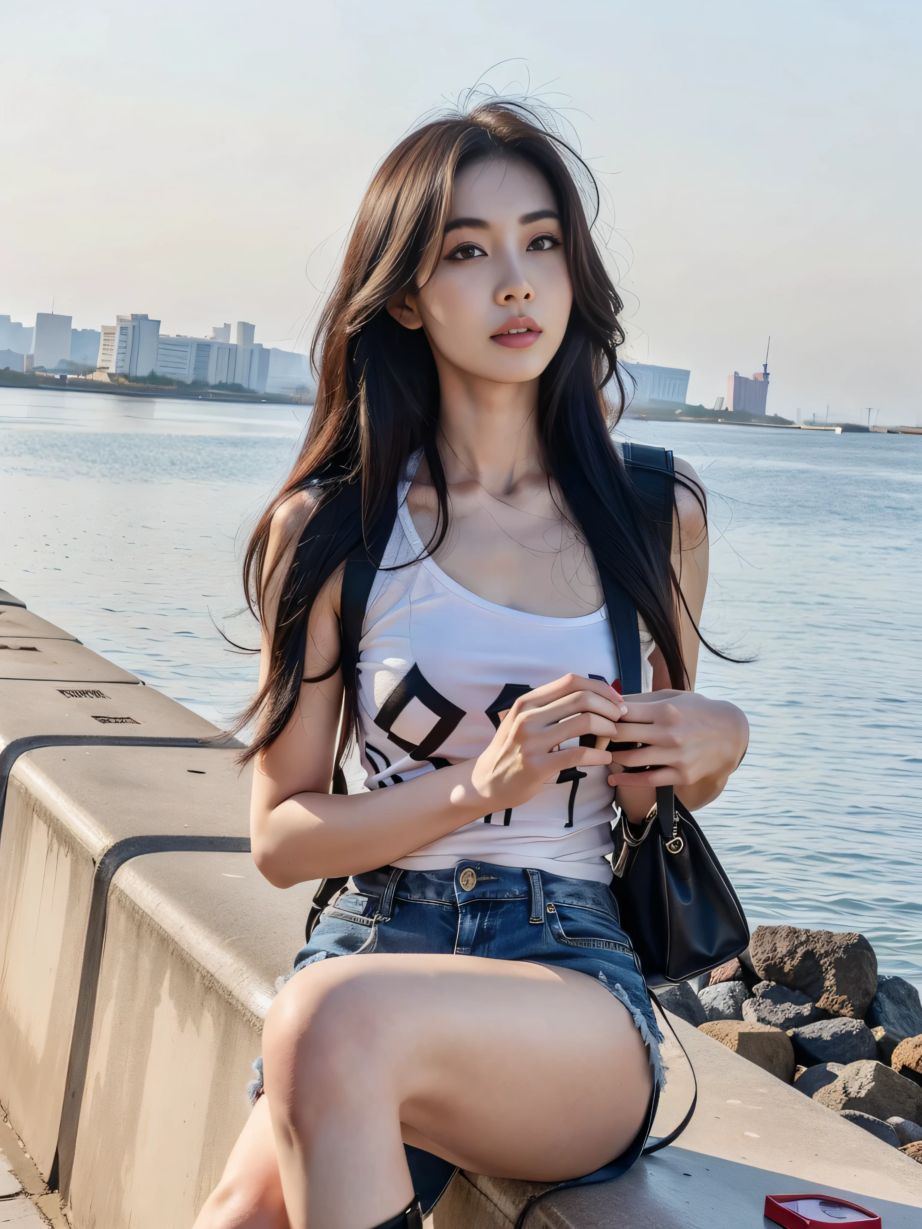 Araf woman sitting on the wall,Bring camera and camera bag, Beautiful young Korean woman, korean girl, 24 year old female model, Xintong Chen, beautiful Asian girl, xision wu, Chinese girl, young Asian girl, Beautiful Korean woman, Gorgeous Chinese model, Asian girl with long hair, a young asian woman, Asian girl