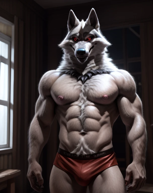 death wolf,werewolf,male,aldult,alone,4K,best quality,whole body,looking at the audience,hairy body,furry tail,Upper body exposed,bare chest,White hair,Hairy chest ,chest muscles,pink nipples, Six-pack abs, biceps, anatomically correct,Delicate fur,pride,soft shadow,majestic,Detailed face,High quality eyes,red eyes,eyes shining,Sharp eyes,Grandiose,brave,underwear,Confident smile,Strong,mature,Room,indoor,