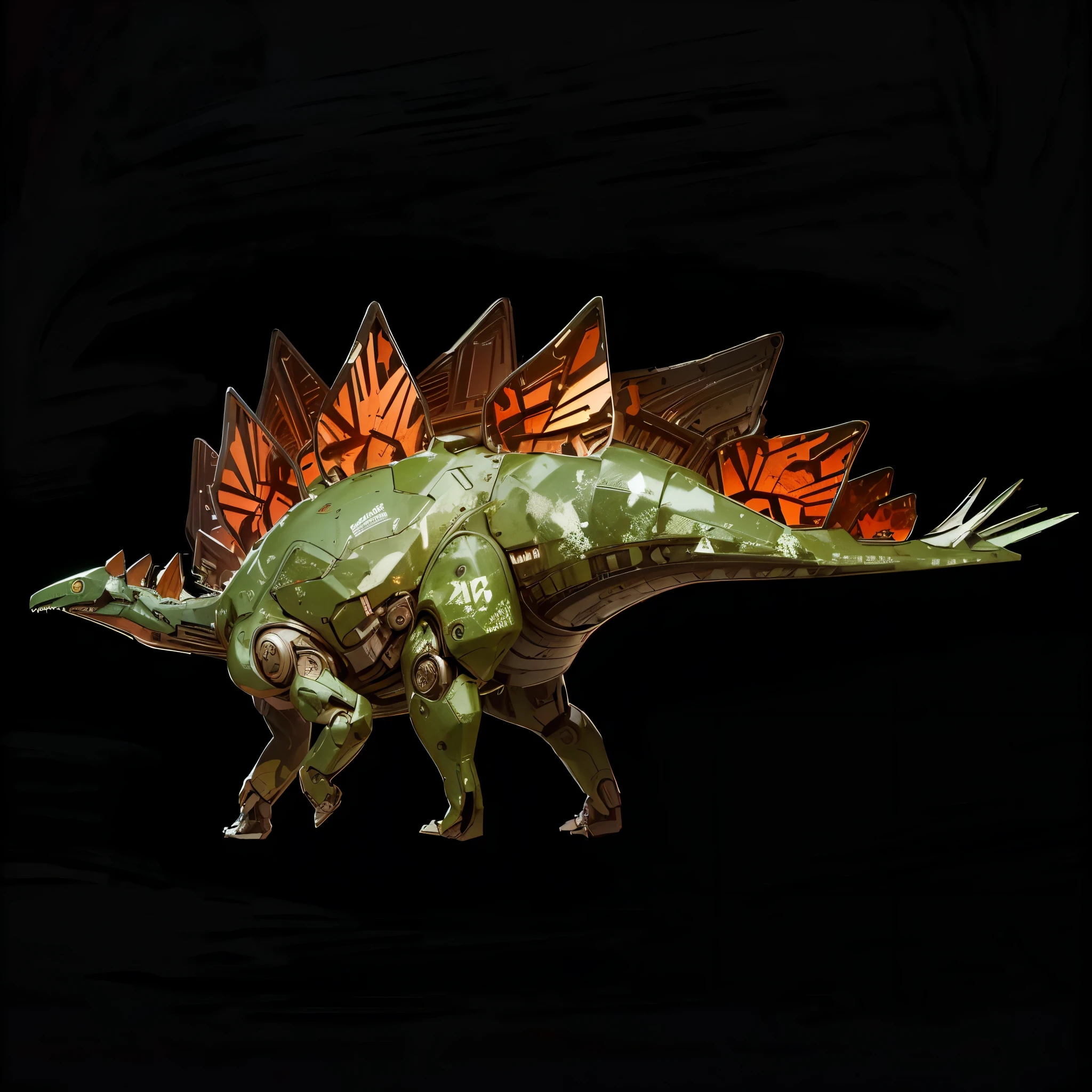 (futuristic:1.5,cyberpunk),(Black canvas background:1.4,blurred background:1.4), Mechanical stegosaur, (Mechanical body:1.2, mechanical limbs:1.2, gear joints, Glowing eyes, realistic scifi cyberpunk armo),Ray Tracing, Reasonable structure,backlight, close up, Mechanical elements,cybernetic, complex,Selective focus, high res