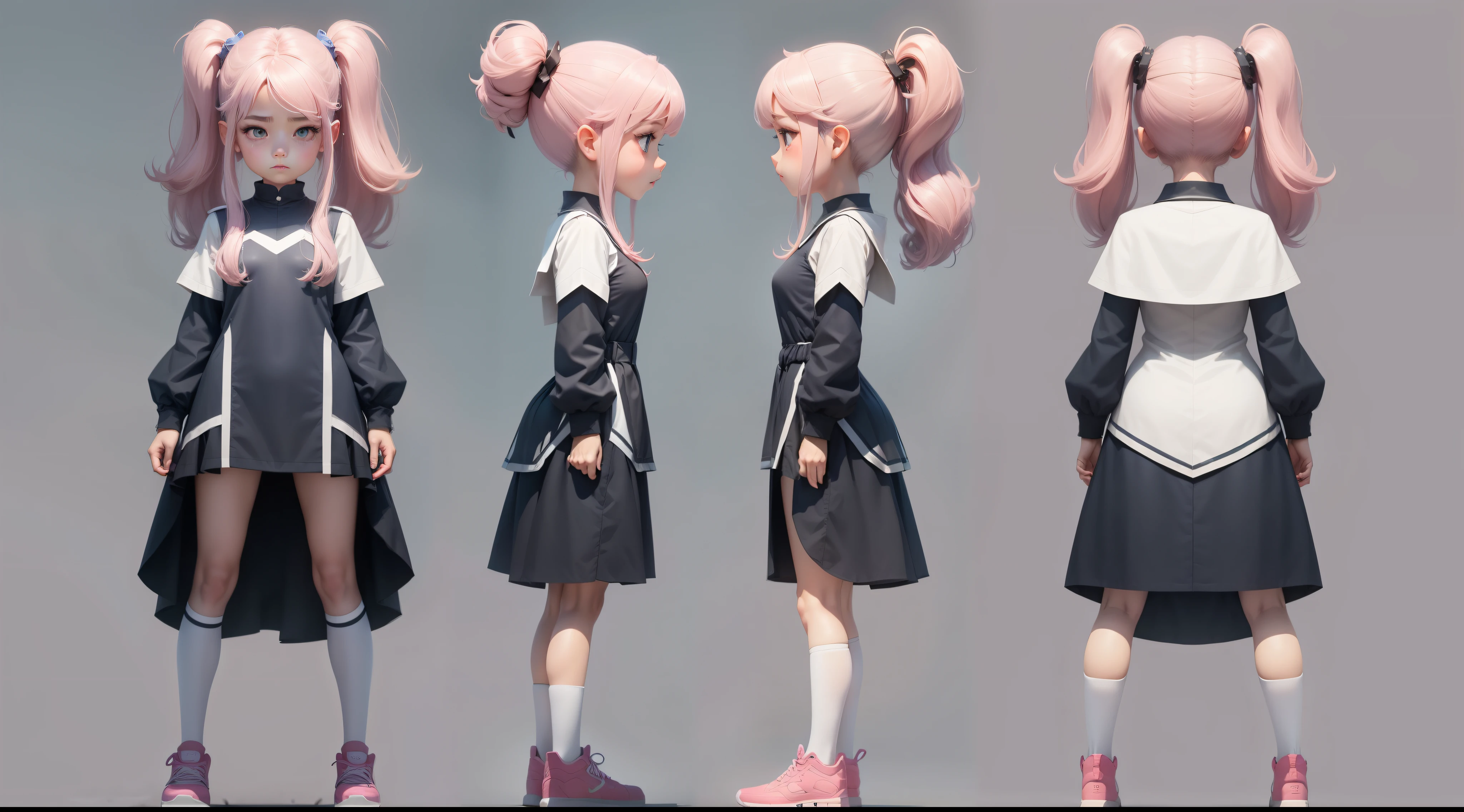 cartoon，10 year old female character，Generate three views，Front view、side view and rear view，Maintain consistency and uniformity
