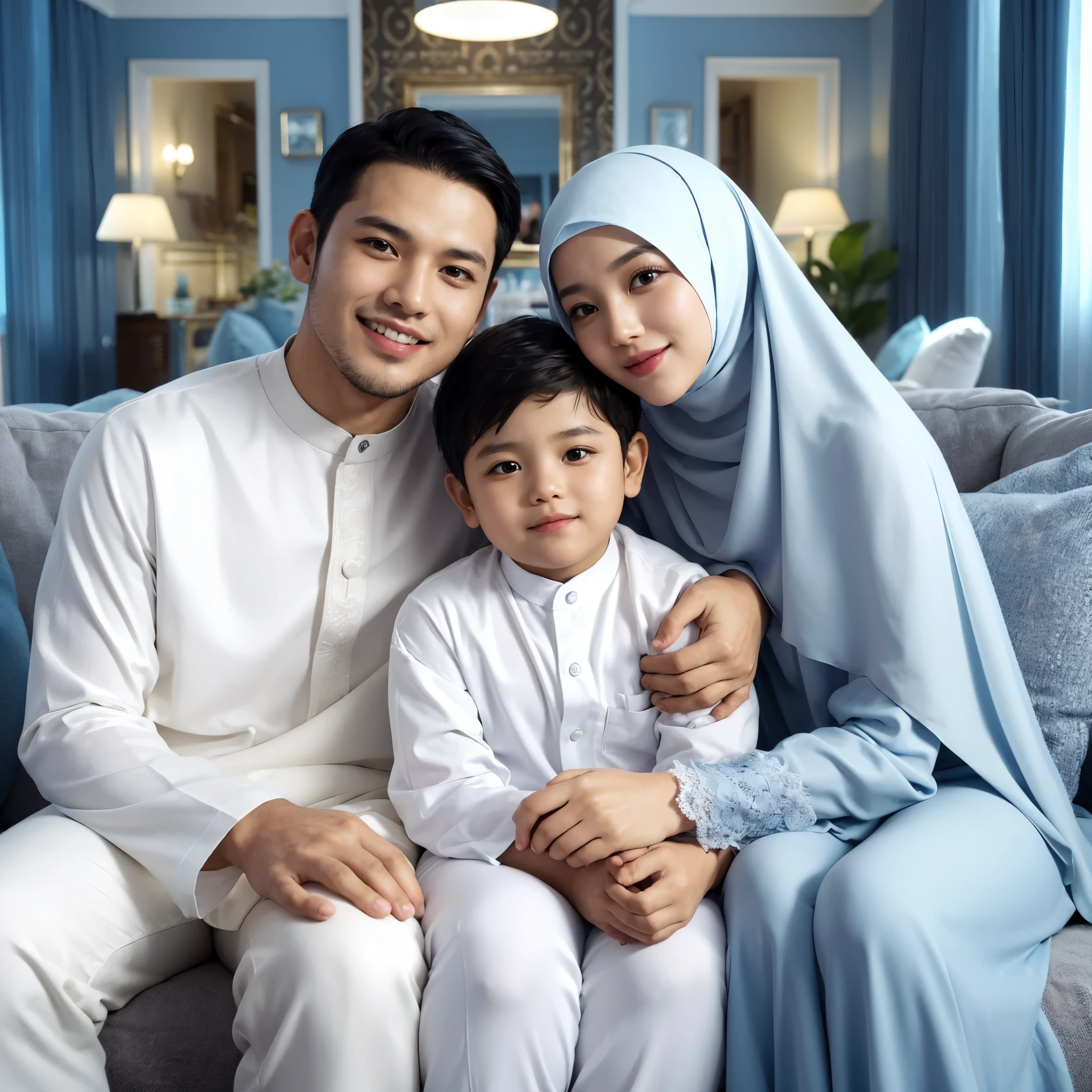 Make a friendly close up photo style, three members, one Indonesian MAN aged 32 years, one WOMAN aged 28 years old, wearing a hijab, and a boy aged 5 , chubby. they are wearing white colored Muslim koko clothes The latest blue long dress , wearing a hijab, sitting on the sofa, embracing each other, comfortable and happy, in a luxurious living room, luxury home studio background, very detailed. fresh colors, blue lighting, ULTRA HD,
