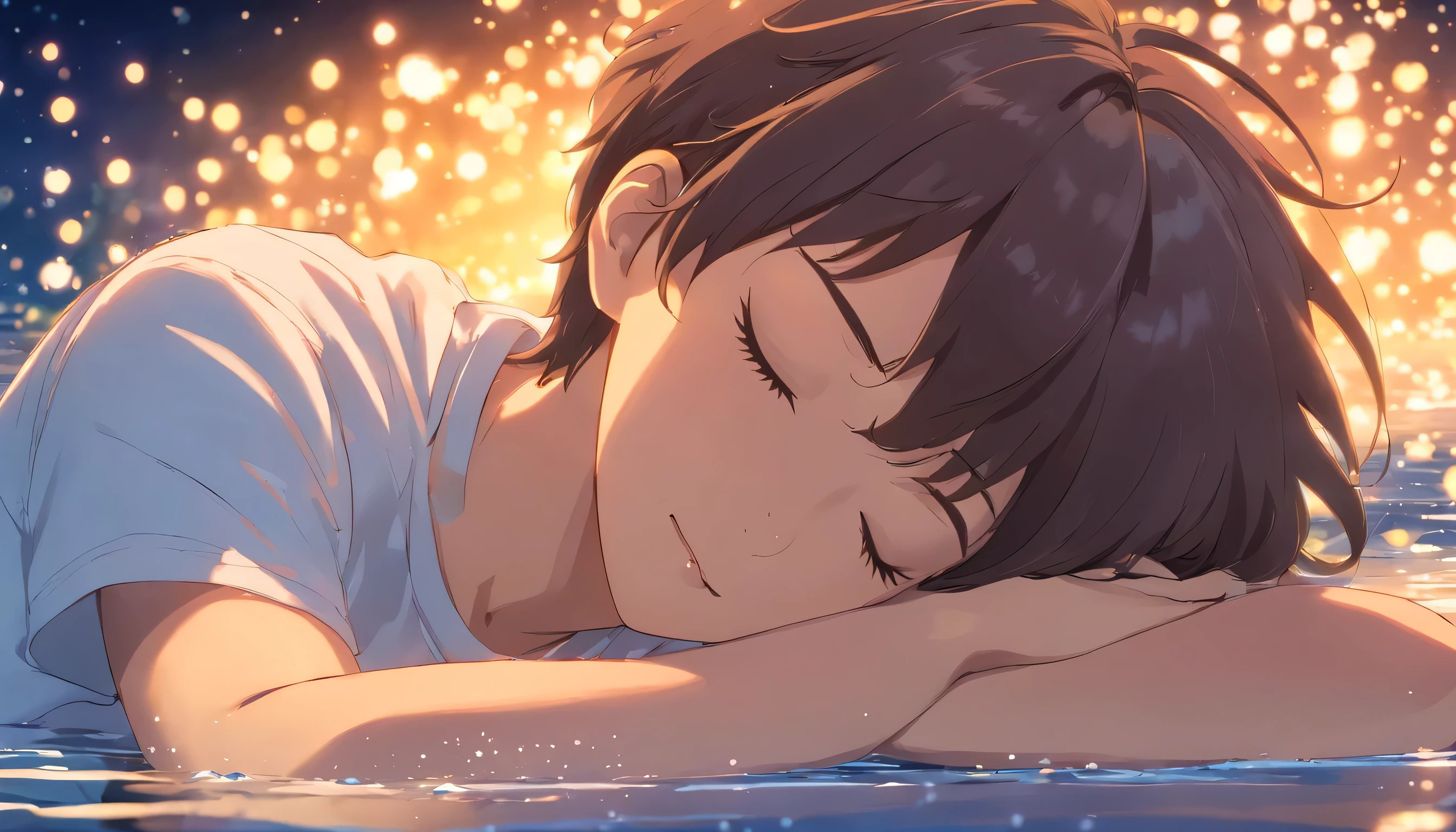 Sleeping on the water, lying on water, sleep, Handsome man in white T-shirt, Eyes closed, Short-haired, Smiling, night, a snowy day, snowing, shooting, stars, fireflies