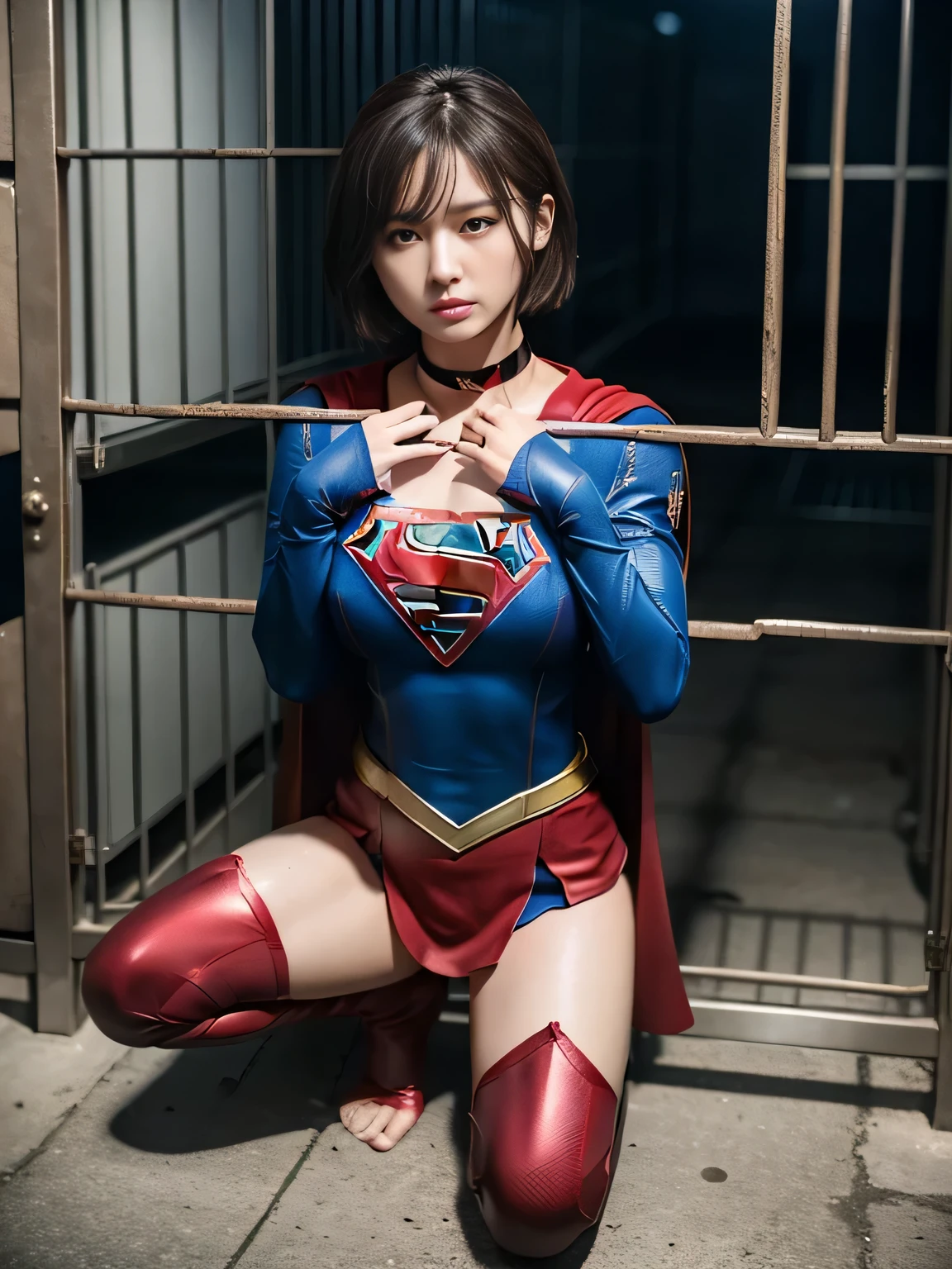 masterpiece、supergirl costume、short hair、barefoot、big and full breasts、crucifixion、Crisis situation、prison、in a cage、imprisonment、kneel down、sweaty、shiny、looking at camera、Seduce、choker、long sleeve、red sexy pose、POW camps