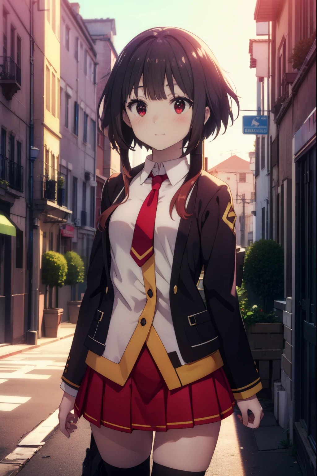 konosubaMegumin, Megumin, short hair, black hair, (red eyes:1.3), short hair with long locks,
blush,smile,high school girl uniform,Black cardigan,White tie,Red Blazer,Red pleated skirt,white knee high socks,black loafers,On the way home from school,evening,sunset,
break outdoor, In town,building street,
break looking at viewer, (cowboy shot:1.5),
break (masterpiece:1.2), highest quality, High resolution, unity 8k wallpaper, (figure:0.8), (detailed and beautiful eyes:1.6), highly detailed face, perfect lighting, Very detailed CG, (perfect hands, perfect anatomy),