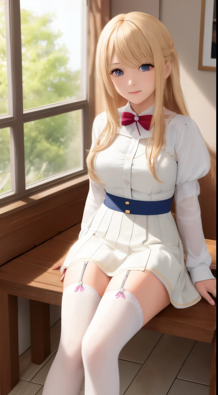 blond haired girl sitting on a bench in a room with a window, a hyperrealistic , hyperrealistic , realistic , seductive anime girl, smooth anime cg art, thighhighs and skirt, anime barbie in white stockings, photorealistic anime girl render, on a desk, [ 4 k digital art ]!!, beautiful anime high school girl
