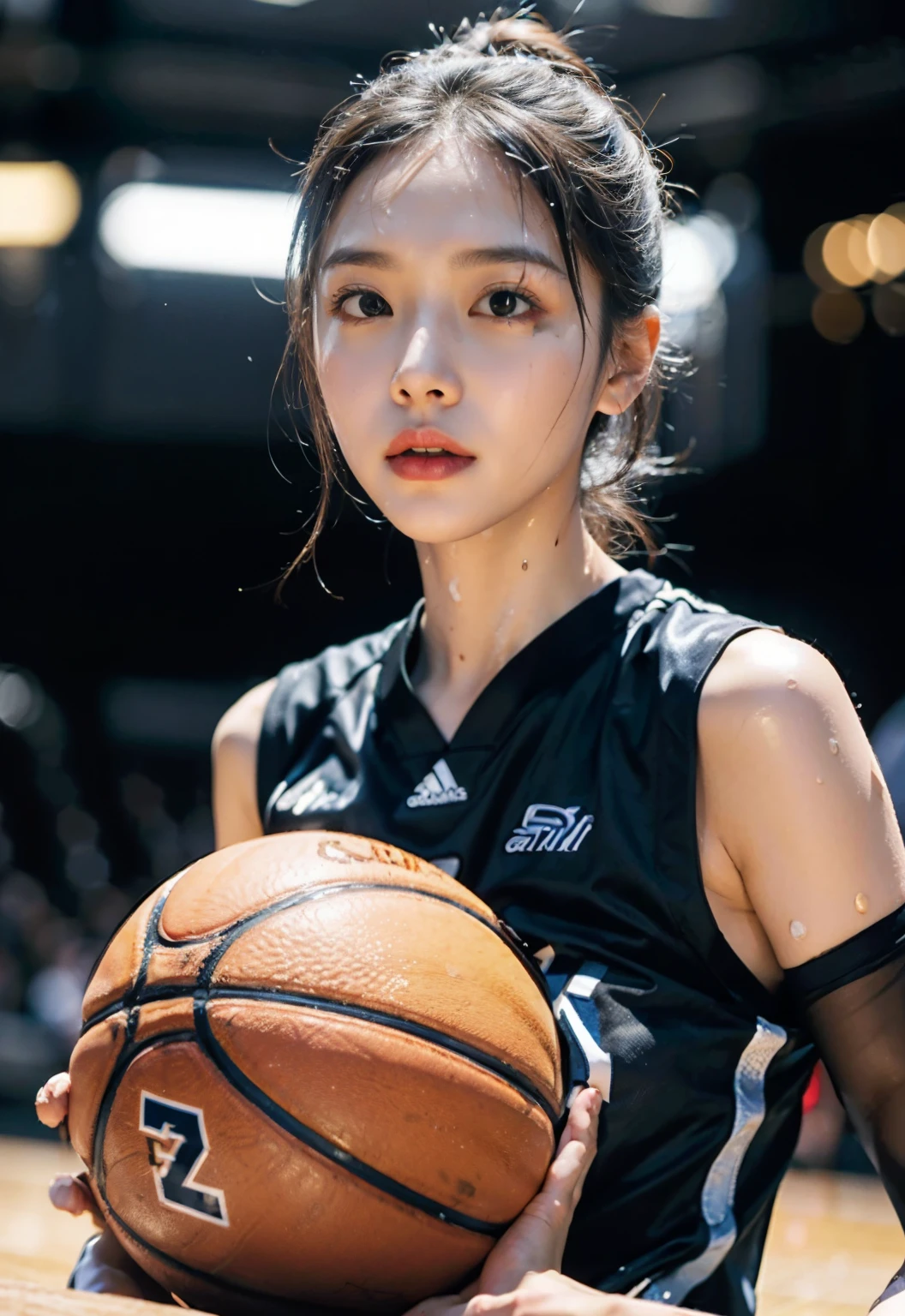(8k, best quality, master piece:1.2),High resolution,1 girl,real looking skin,dynamic light and shadow,sharp focus,Depth of the bounds written,eyes are delicate,Realisticな生徒, playful expression, wear a basketball uniform,perfect body,the biggest,on the basketball court,Realistic, super detailed, (shiny skin, sweaty:1.4), looking at the viewer,