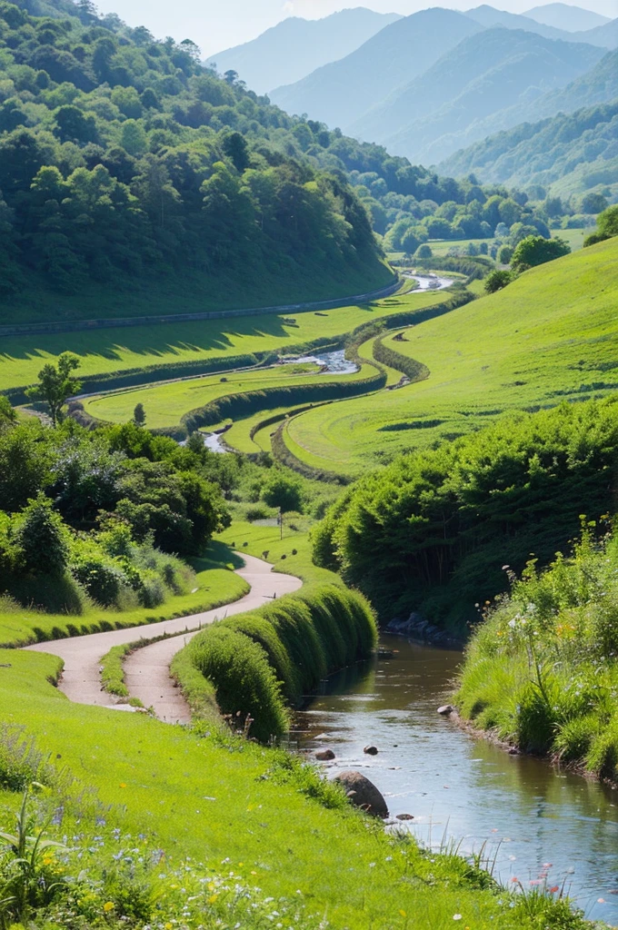 "Create a serene landscape featuring lush green mountains, a meandering stream under the clear midday sky. Capture the essence of a peaceful and picturesque scene, where nature unfolds its beauty in the embrace of a sunny day."