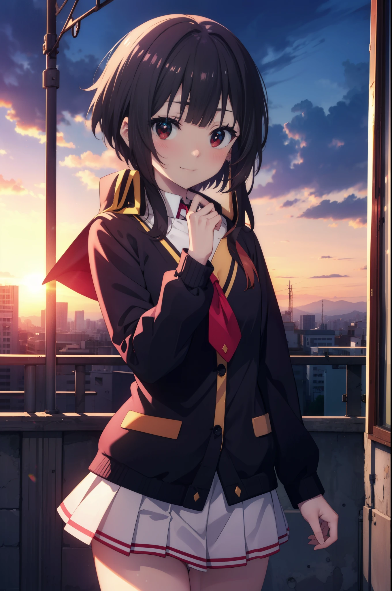 konosubaMegumin, Megumin, short hair, black hair, (red eyes:1.3), short hair with long locks,
blush,smile,high school girl uniform,Black cardigan,White tie,Red Blazer,Red pleated skirt,white knee high socks,black loafers,On the way home from school,evening,sunset,
break outdoor, In town,building street,
break looking at viewer, (cowboy shot:1.5),
break (masterpiece:1.2), highest quality, High resolution, unity 8k wallpaper, (figure:0.8), (detailed and beautiful eyes:1.6), highly detailed face, perfect lighting, Very detailed CG, (perfect hands, perfect anatomy),